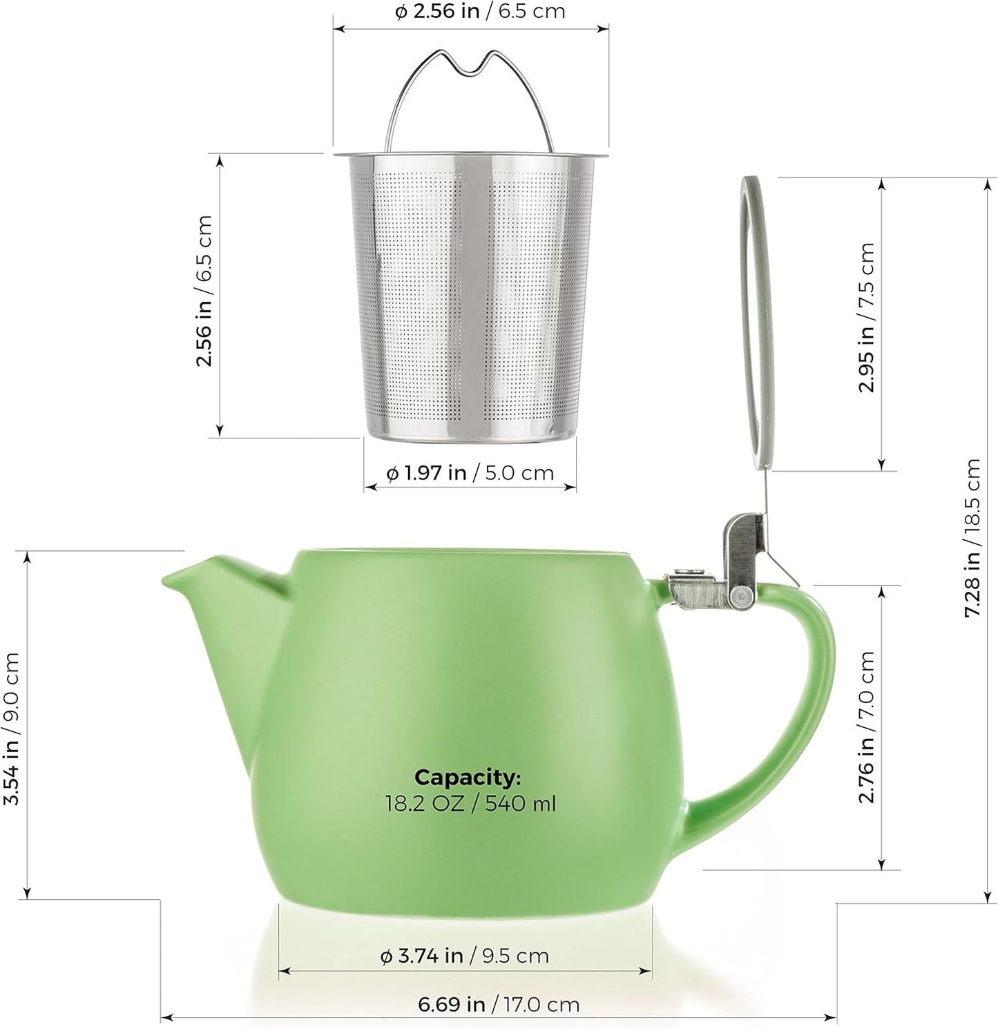 Tealyra - Pluto Porcelain Small Teapot Lime - 18.2-ounce (1-2 cups) - Matte Finish - Stainless Steel Lid and Extra-Fine Infuser To Brew Loose Leaf Tea - 540ml