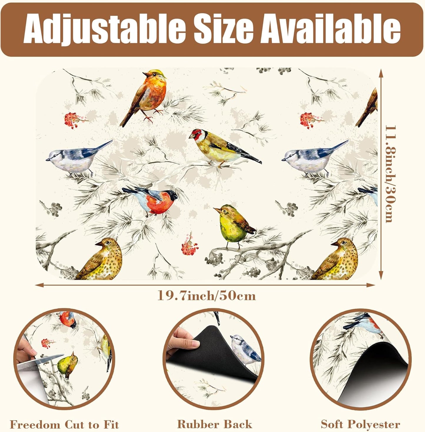 Cute Birds Coffee Mat Absorbent Dish Drying Mat for Kitchen Counter Hide Stain Rubber Backed Coffee Bar Accessories Fit Under Espresso Machine Cafe Table, 11.8 x 19.7 Inch