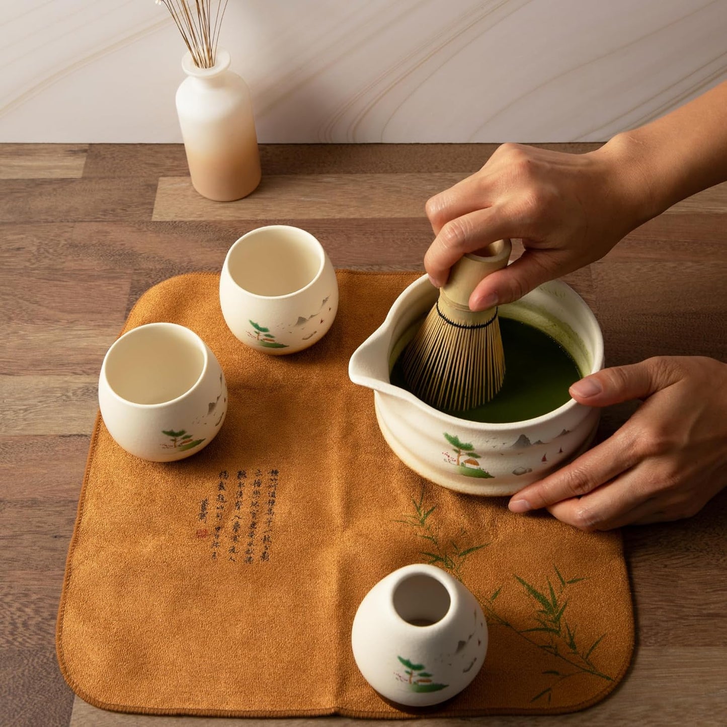 Marce Matcha Whisk Set- Matcha Set includes Matcha Whisk and Bowl (Bowl with Spout), Sifter, Holder and Scoop- The Perfect Bamboo Whisk for Matcha Tea (Cream- 7PC)