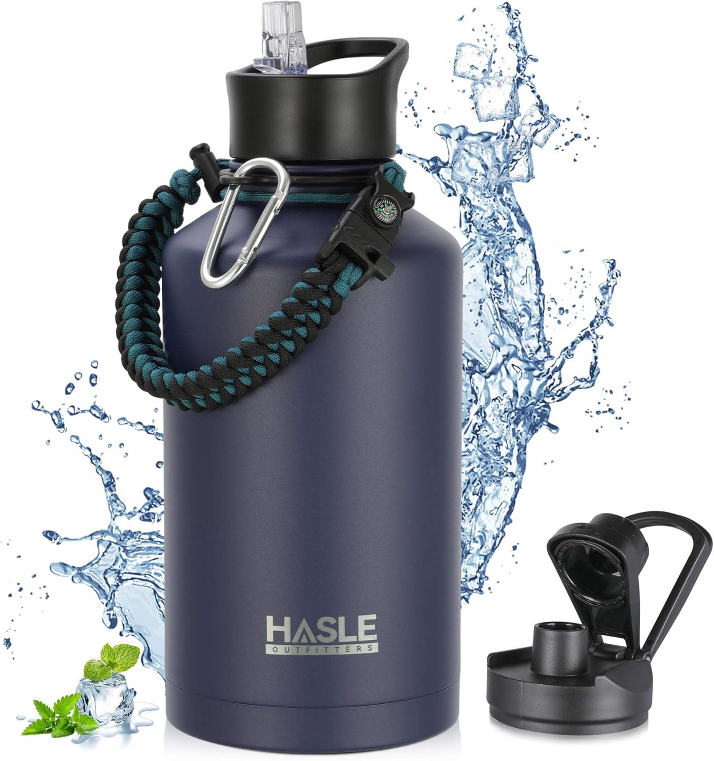 HASLE OUTFITTERS Half Gallon Insulated Water Bottles 64 oz, Stainless Steel Metal Water Jug with 2 Lids Keep Cold 48h/Hot 24h, Leak Proof & BPA-Free Water Flask Jug(Navy,1)