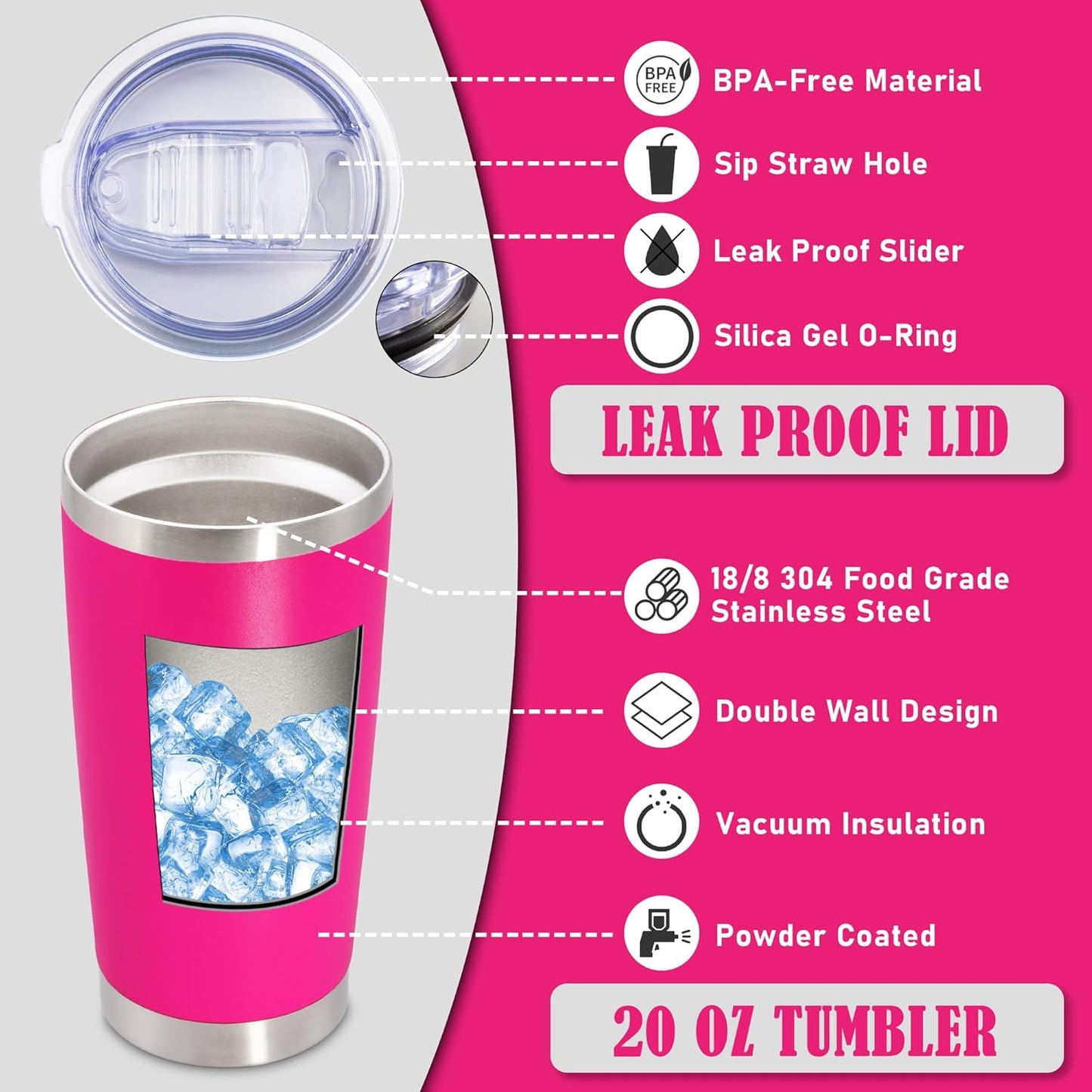 20 oz Tumbler Coffee Tavel Tumblers Bulk with Lid Stainless Steel Double Wall Vacuum Insulated Mug Powder Coated Cups fit Car Cupholder for Hot and Cold - Hot Pink, 4Pack