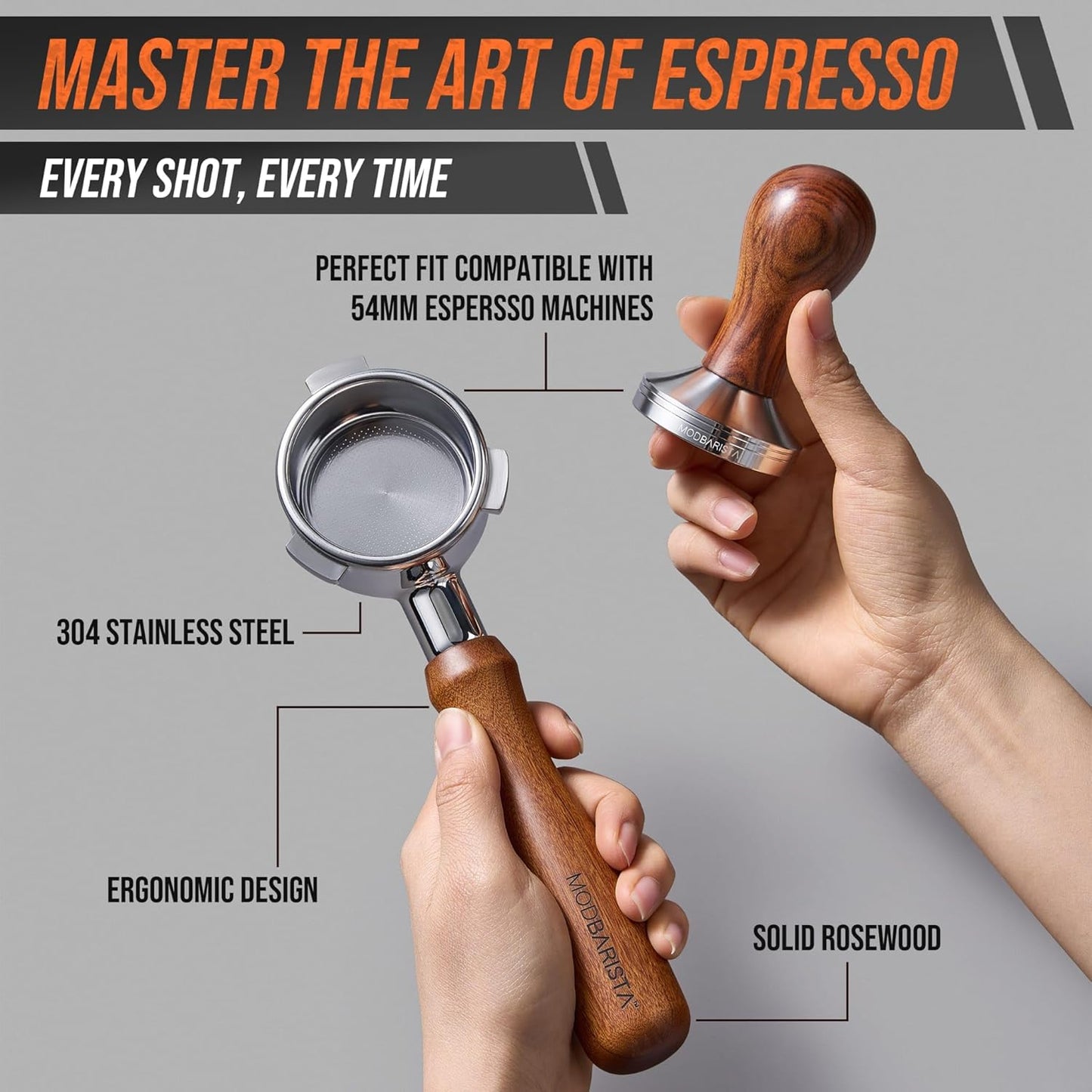 54mm Bottomless Portafilter-Tamper-Milk Frother-WDT Tool-Breville-Rosewood -Barista Coffee Espresso machine Accessories-Premium-Gift for Coffee Lovers MODBARISTA Premium Barista 4-IN-1 kit