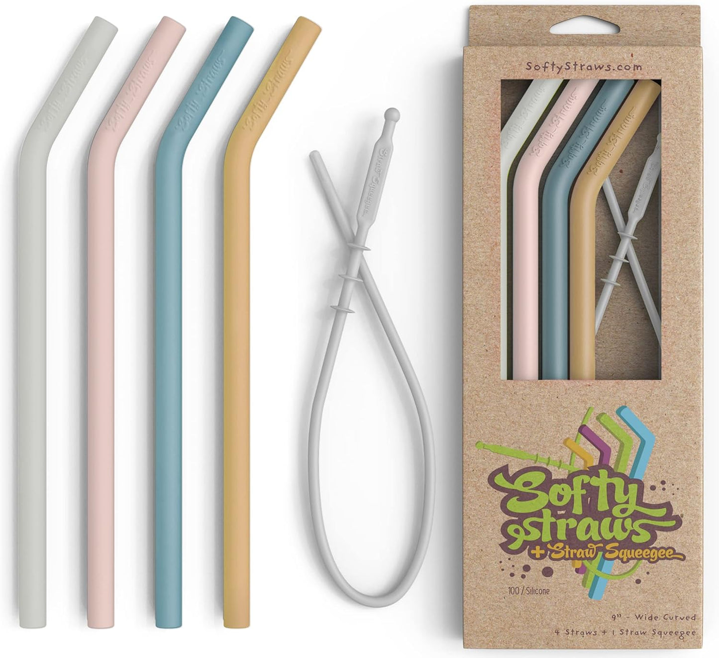 Premium Reusable Silicone Drinking Straws + Patented Straw Squeegee - 9” Long With Curved Bend for 20/30/32oz Tumblers - Neutral Pastel Colors, BPA Free, Flexible, Bendy