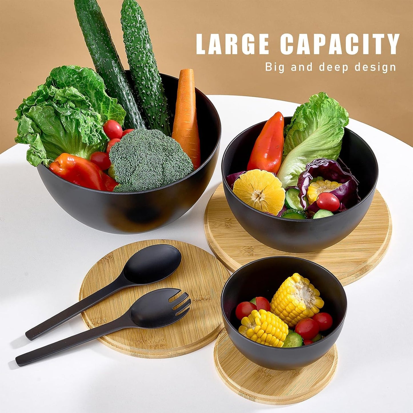 Large Salad Bowls with Bamboo Lids Set of 3, Mixing Nesting Bowls Round Serving Bowls with Servers for Salads, Kitchen Eating, Pastas, Popcorn, Chips, Trifle, Fruit, Food Prepare (Black,10",8",6" )