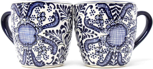 Encantada Handmade Hand-Painted Authentic Mexican Pottery Mugs (Cobalt Blue Flower X2)