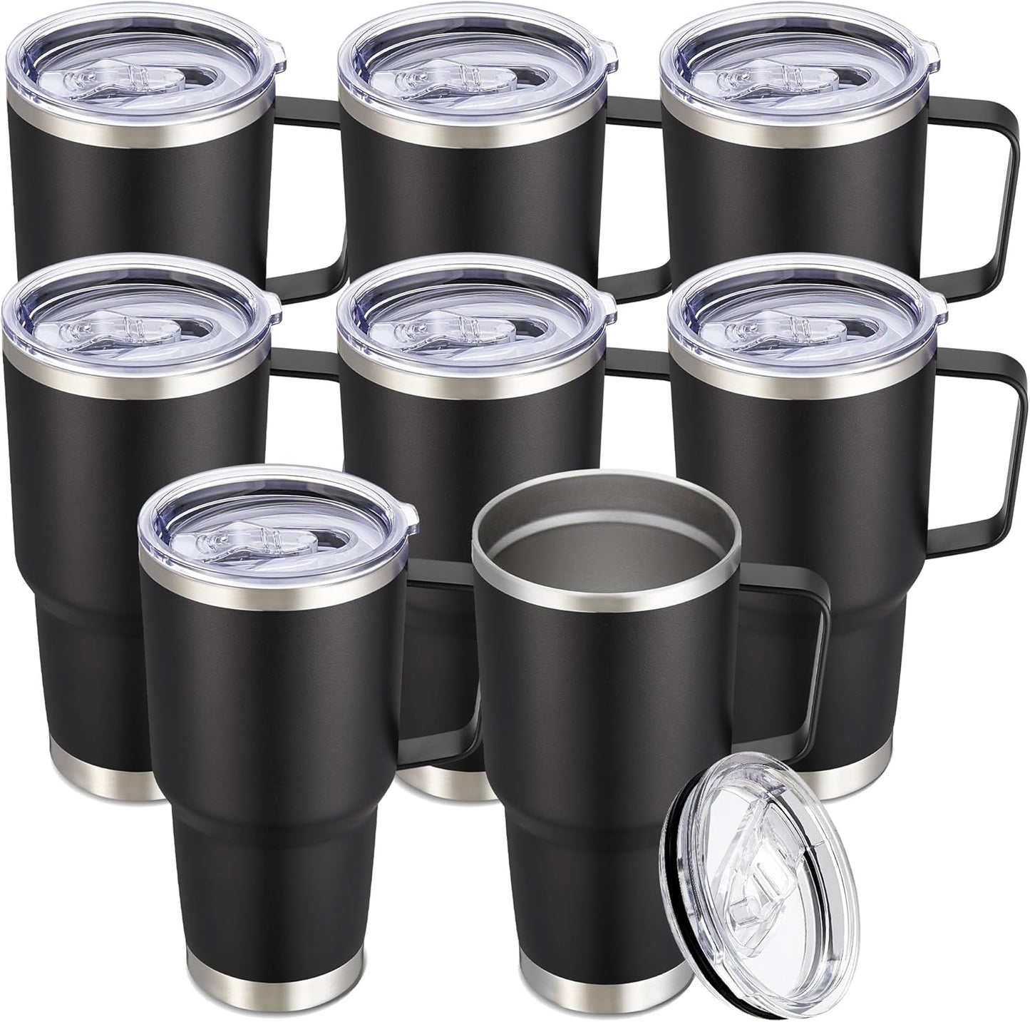 30 oz Tumbler with Handle and Lid, Stainless Steel Tumblers Bulk Double Wall Vacuum Insulated Travel Mug Leak Proof Cup Keep Drinks Cold and Hot Black, 8 Pack