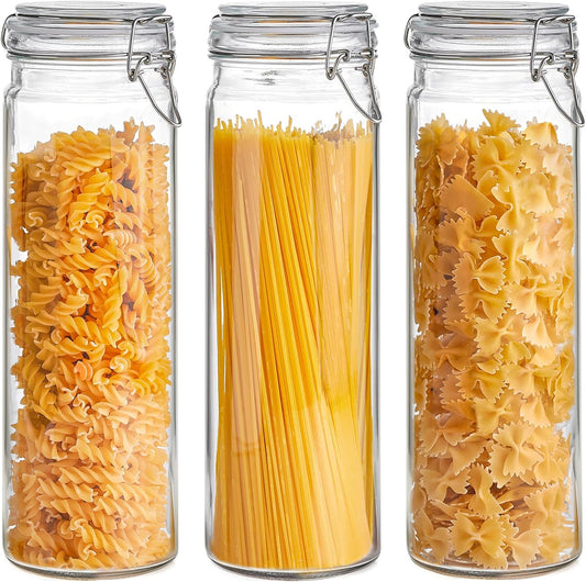ComSaf 60oz Airtight Glass Jars Set of 3 with Lids Food Storage Jar Round - Tall Spaghetti Container with Clear Preserving Seal Wire Clip Fastening, Pasta jar for Kitchen Canning, Nut,Oat, Dry Goods