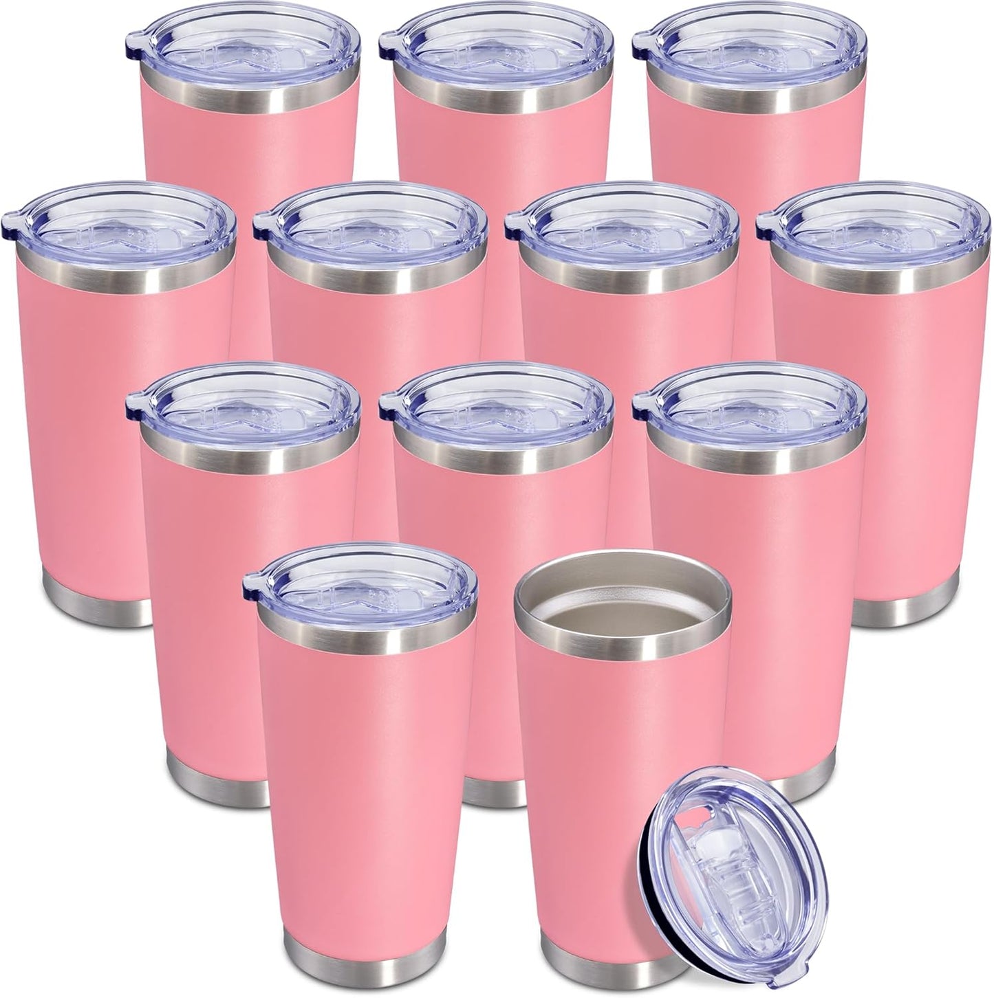 20 oz Tumbler Coffee Tavel Tumblers Bulk with Lid Stainless Steel Double Wall Vacuum Insulated Mug Powder Coated Cups fit Car Cupholder for Hot and Cold - Pink, 12Pack