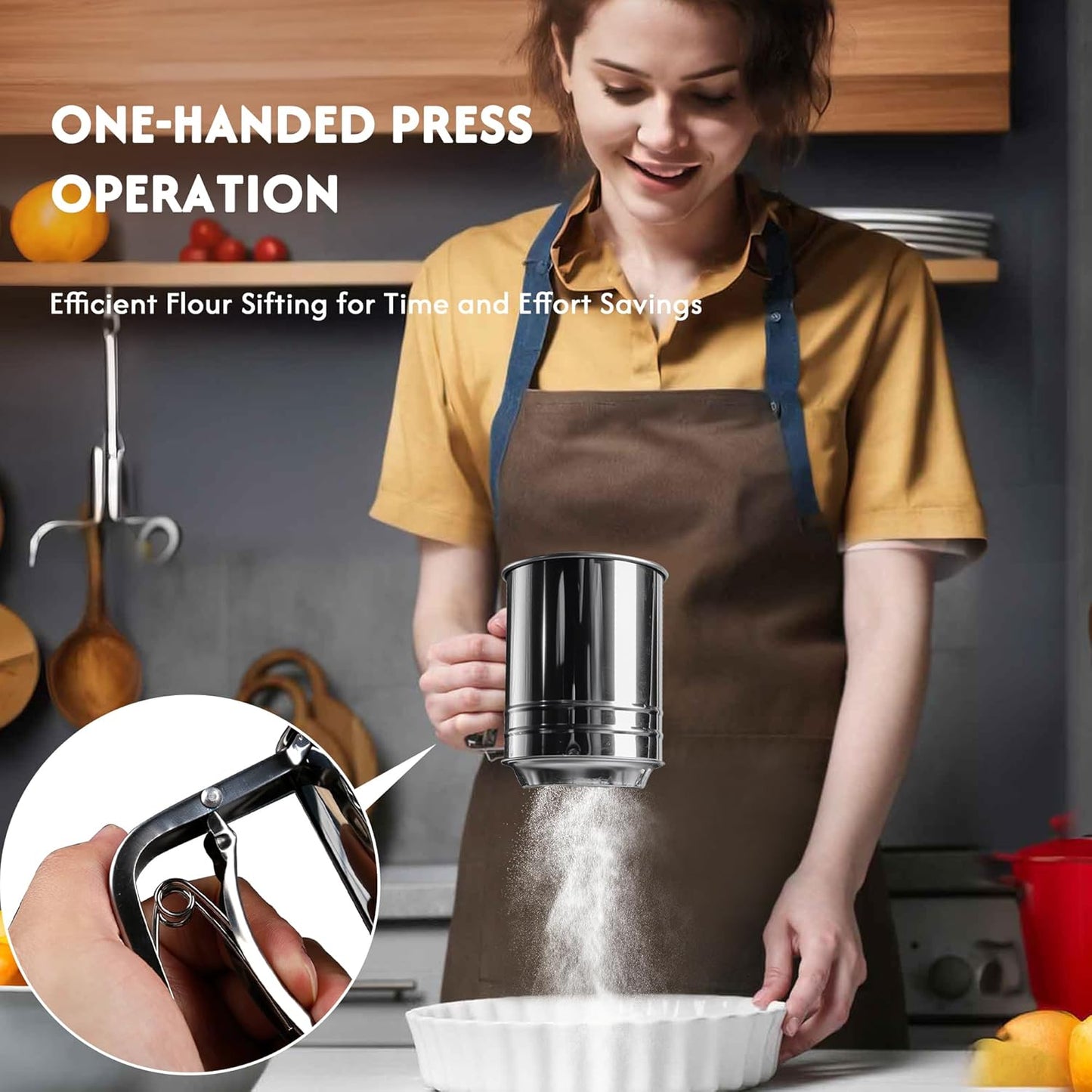 3-Cup Flour Sifter for Baking, Stainless Steel One-Hand Press Sifter with Double-Layer Fine Mesh - Includes Bonus Dough Scraper/Cutter for Bread & Pastry (White)