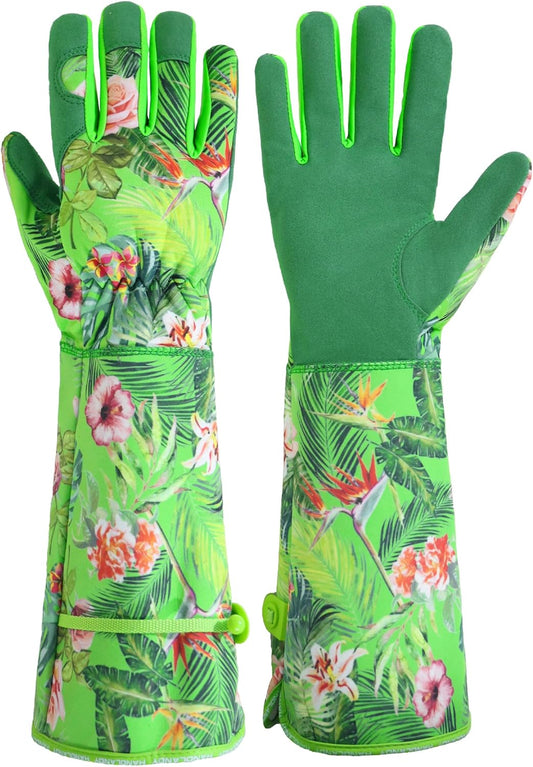 HANDLANDY Women Gardening Gloves, Scratch Resistant Breathable Ladies Rose Pruning Long Gauntlet Floral Print Garden Yard Gloves, Gift for Gardeners (Green, XL)