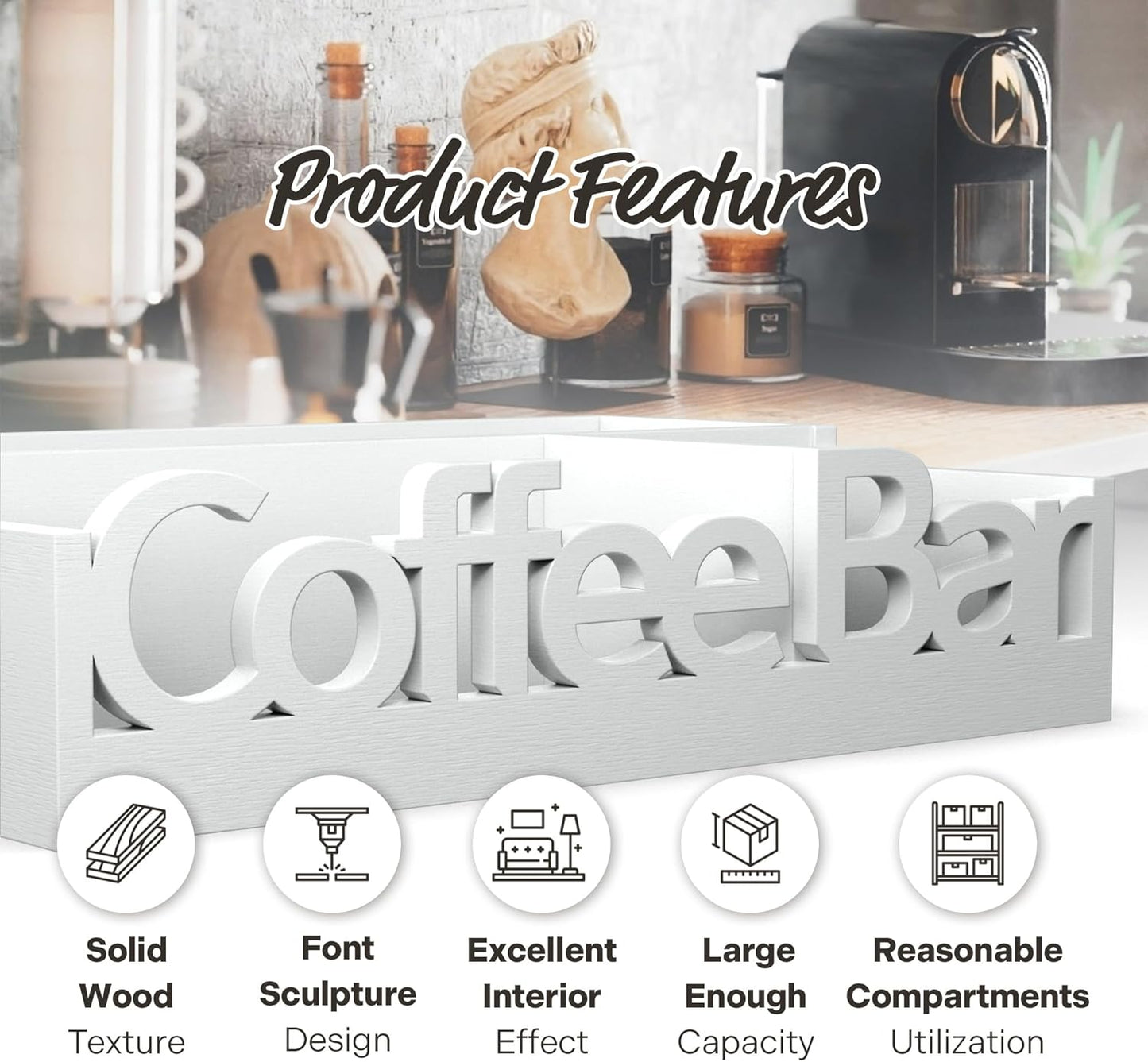 Coffee Bar Organizer for Countertop – Wooden Coffee Station Caddy with Compartments for Pods, Condiments, Tea, and Accessories – Home and Office Mini Coffee Station Organizer (White)