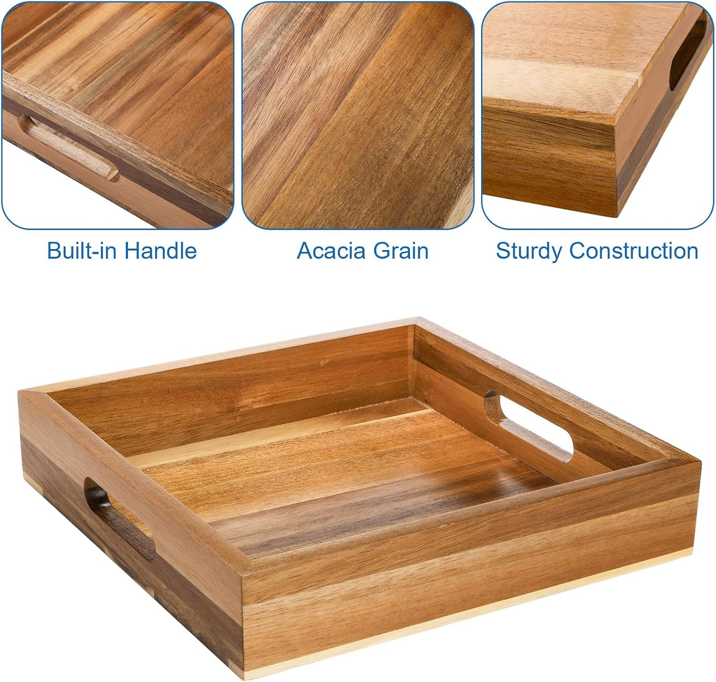 YOUEON Set of 2 Acacia Wood Serving Tray with Handles, 10x10x2 Inch Decorative Serving Trays for Food, Ottoman Tray, Square Coffee Table Trays for Dinner, Coffee, Wine, Appetizer