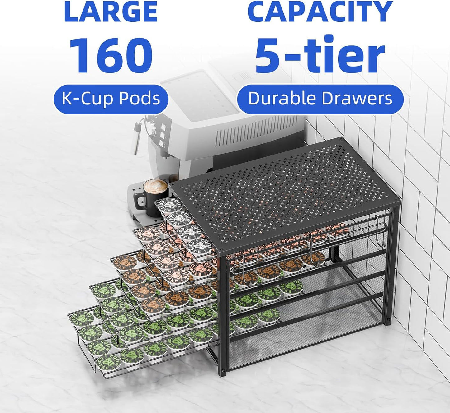 Simple Trending 5 Tier Coffee Pod Holder for K Cup, 160 Pod Pack Capacity Rack, Metal, Black