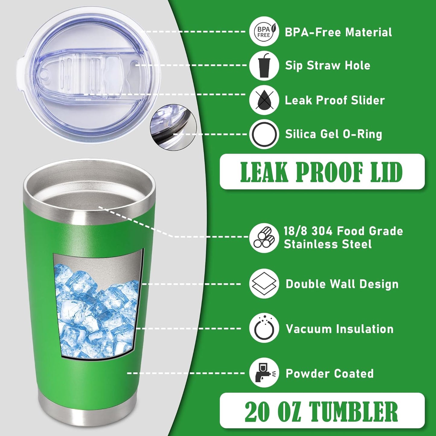 20 oz Tumbler Coffee Tavel Tumblers Bulk with Lid Stainless Steel Double Wall Vacuum Insulated Mug Powder Coated Cups fit Car Cupholder for Hot and Cold - Green, 8Pack