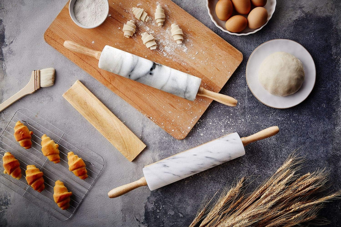 JEmarble Pastry Board 16x20 inch Set with Rolling Pin/Wooden Handles 18 inch(White) Non-Slip Rubber Feets for Stability Perfect for Keep the Dough Cool and Chocolate Tempering(Premium Quality)