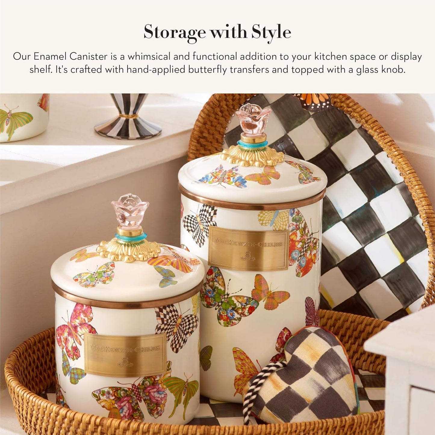 MACKENZIE-CHILDS Butterfly Garden Enamel Canister, Pretty Kitchen Storage Container with Lid, Large