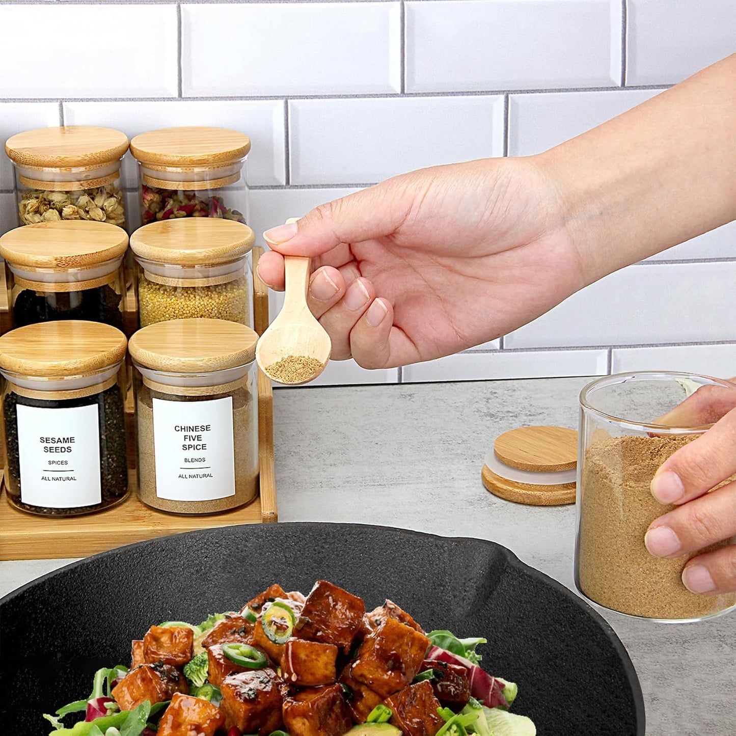 4OZ Glass Spice Jars with Bamboo Lids and 315 Labels, 20 Pcs Clear Food Storage Containers for Kitchen Sugar Salt Coffee Tea Beans