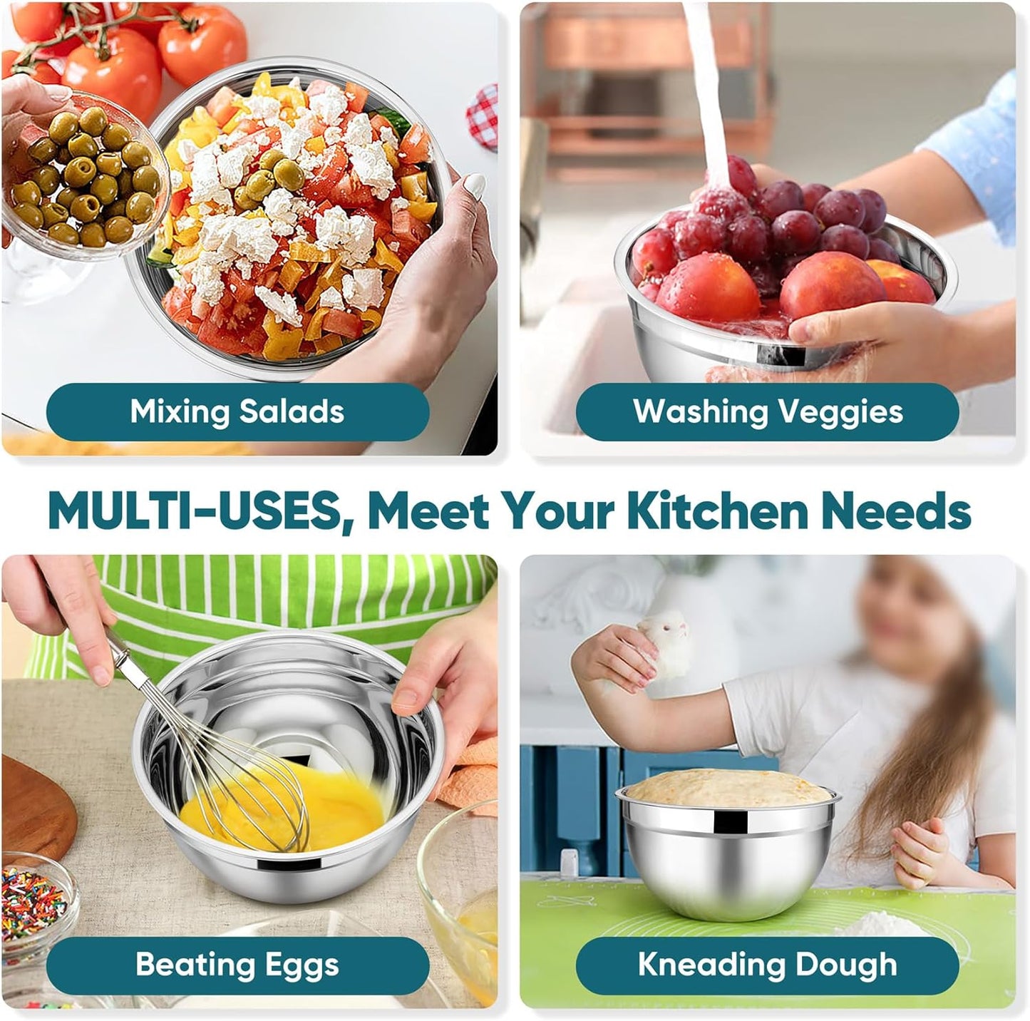 TeamFar Mixing Bowl Set of 5, Stainless Steel 4.5/3/1.5/1/0.7 QT Metal Nesting Salad Bowls with Lids, Ideal for Mixing Serving Tossing, Non-Toxic & Sturdy, Airtight Lid & Easy Clean, Blue