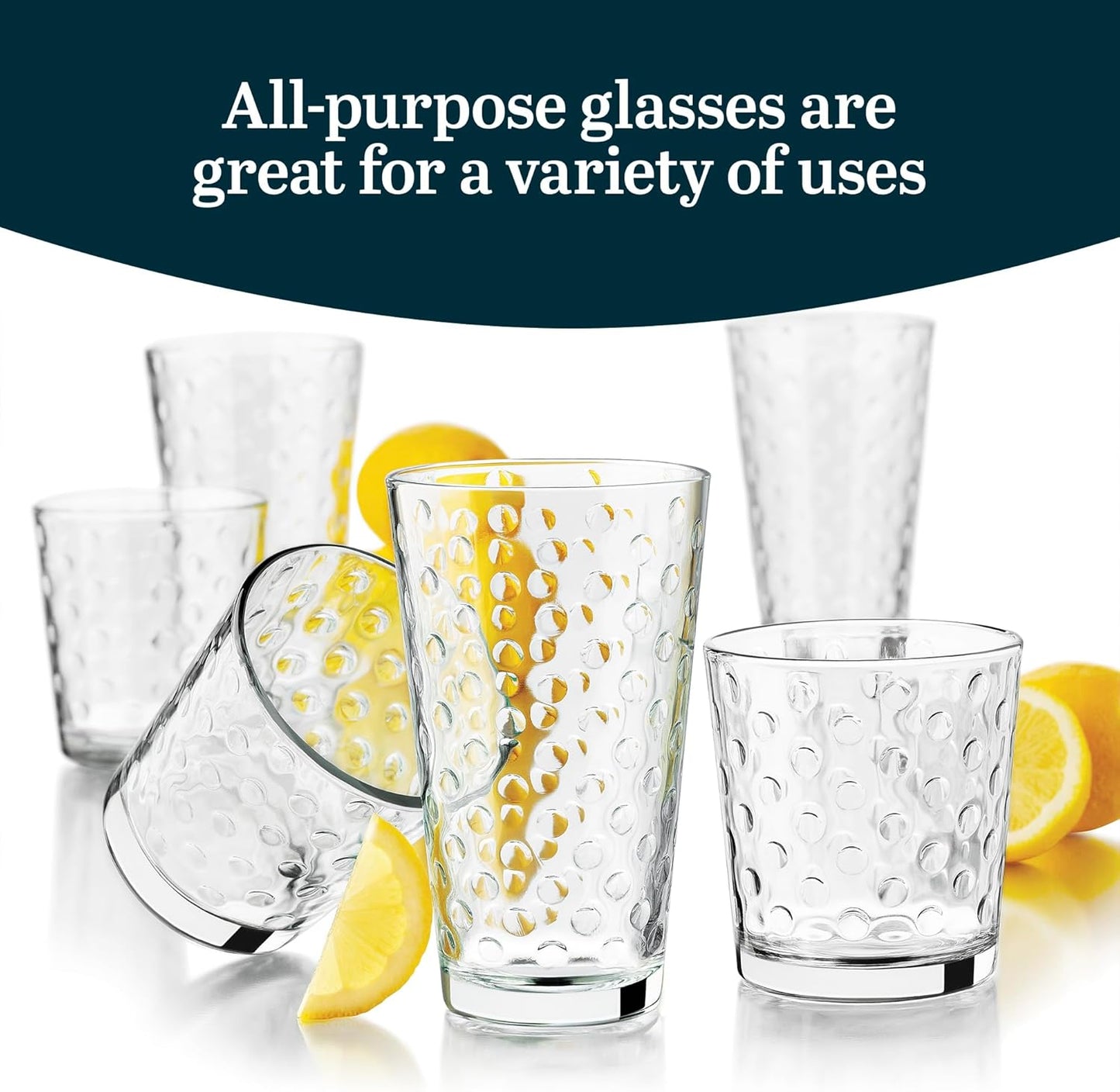 Libbey Awa Tumbler and Rock Glasses Drinking Set, Elegant Polka Dot Drinking Glasses Set of 16, All Purpose Glass Cups Set for Events and Everyday Use