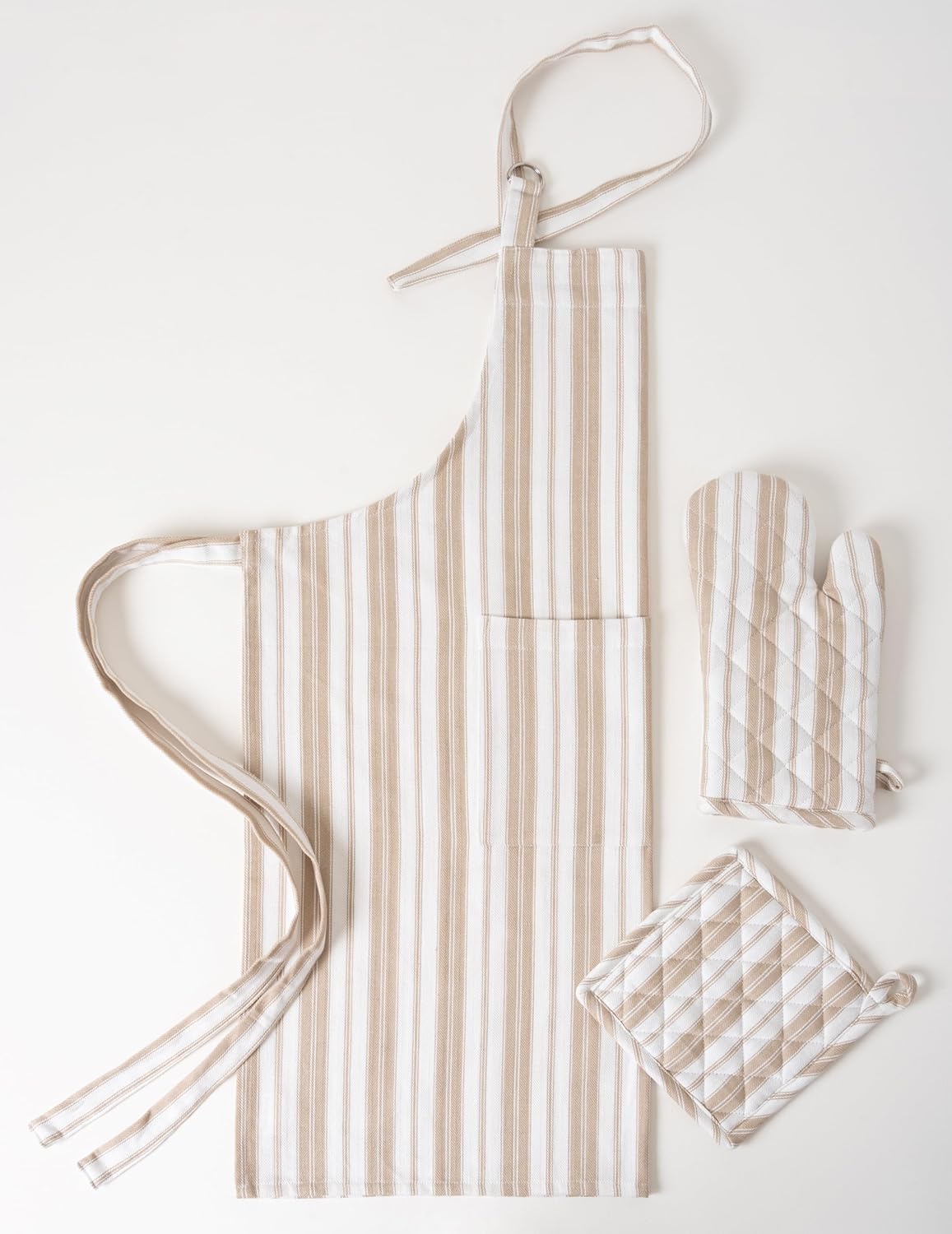 1 Oven Mitt, 1 PotHolder & 1 Kitchen Apron Set - Durable Heat Resistant Gloves - Thick Mittens for Kitchen - Suitable for Cooking, Baking, Grilling – for Men & Women – Taupe Stripes - Casa De Lan