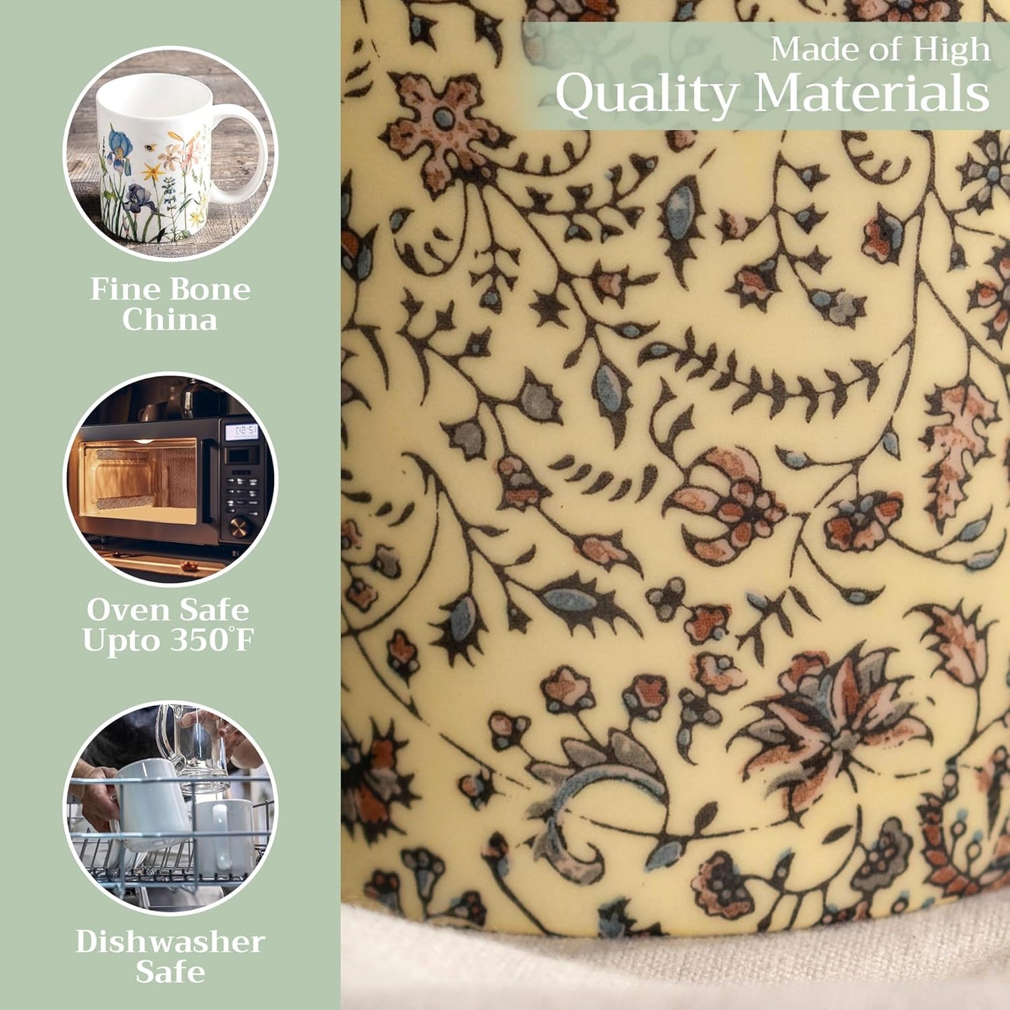 Maison d' Hermine Coffee Mug with Handles Fine Bone China Mugs Pack of One Tea Cups for Hot Beverages Cappuccino Latte Home Restaurant Office Perfect for Gift (Lakshmi - Daya, 12 Ounce)