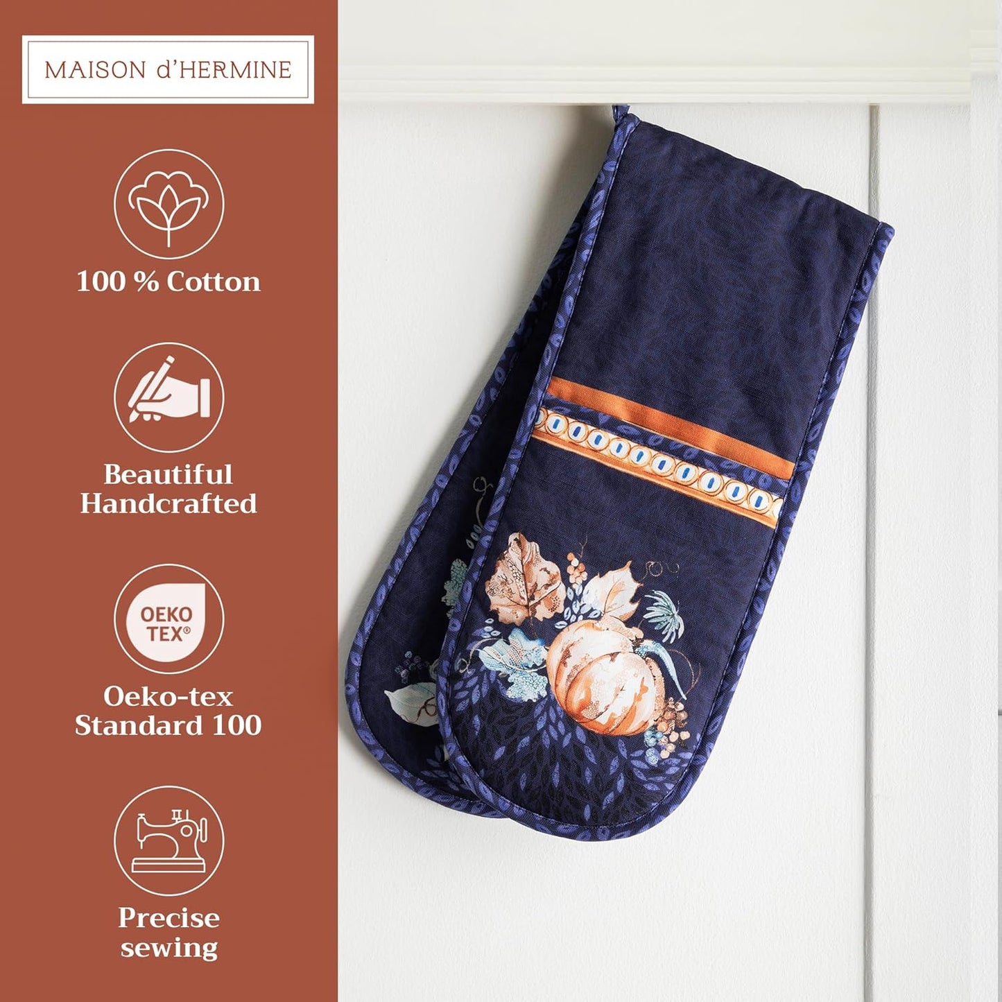 Maison d' Hermine Double Oven Mitts 100% Cotton 7"x35" Double Oven Mitt Heat Resistant BBQ Cooking Gloves with Loop, Baking, Grilling, Home, Kitchen, Handling Hot Pans (Pumpkin Blues)