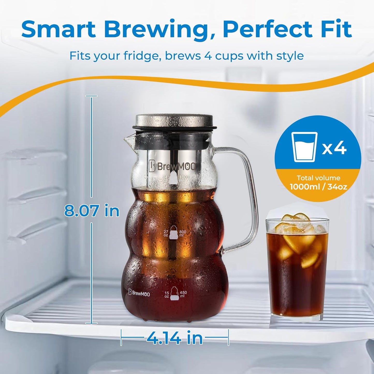 Cold Brew Coffee Pitcher (1.0L/34oz) - Elegant Sleek Wave Borosilicate Glass Pitcher with 100um 304 Stainless Steel Filter & Airtight Lid, Efforless Mannual for Beginner, Sophisticated Gift