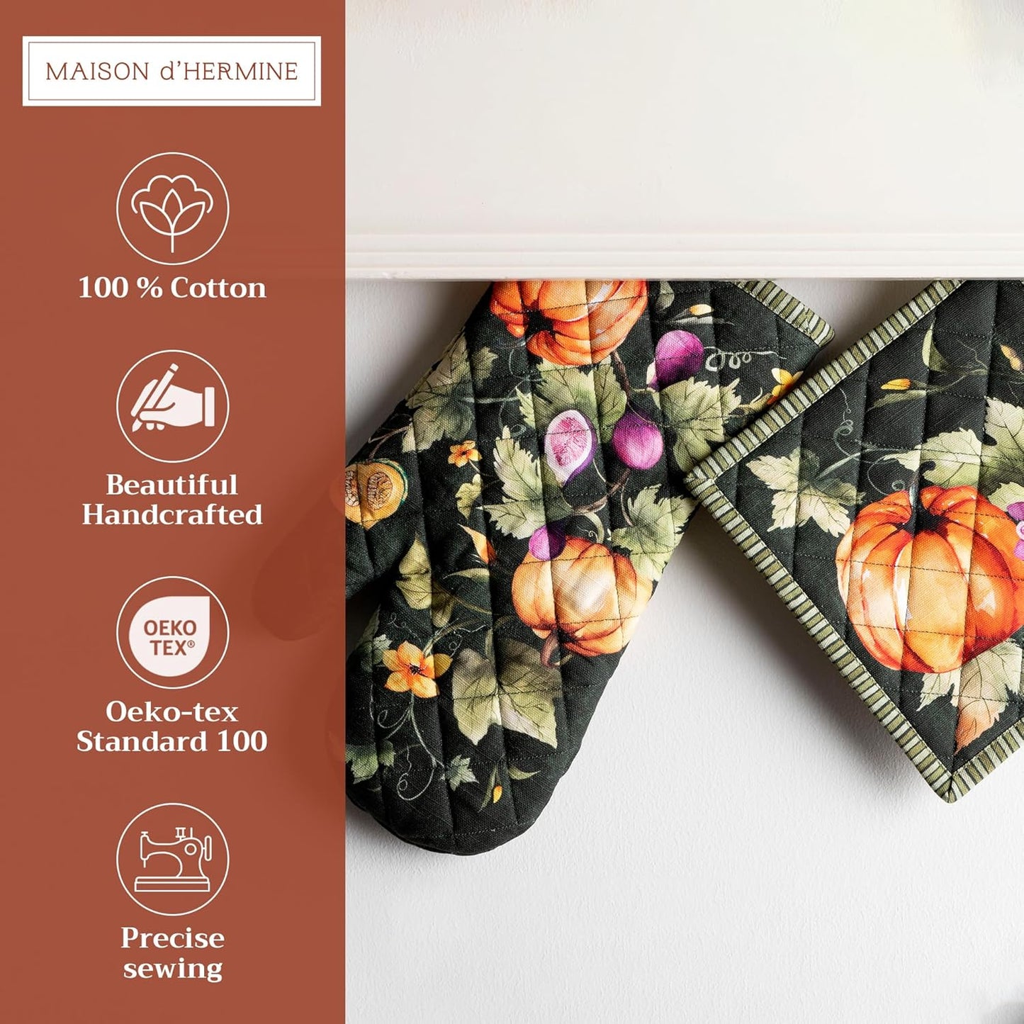 Maison d' Hermine 100% Cotton Oven Mitt & Pot Holder Set (7.5"x13" & 8"x8") Heat Resistant BBQ Cooking Gloves with Loop, Baking, Grilling, Kitchen, Handling Hot Pans (Pumpkin Garden - Dark Green)