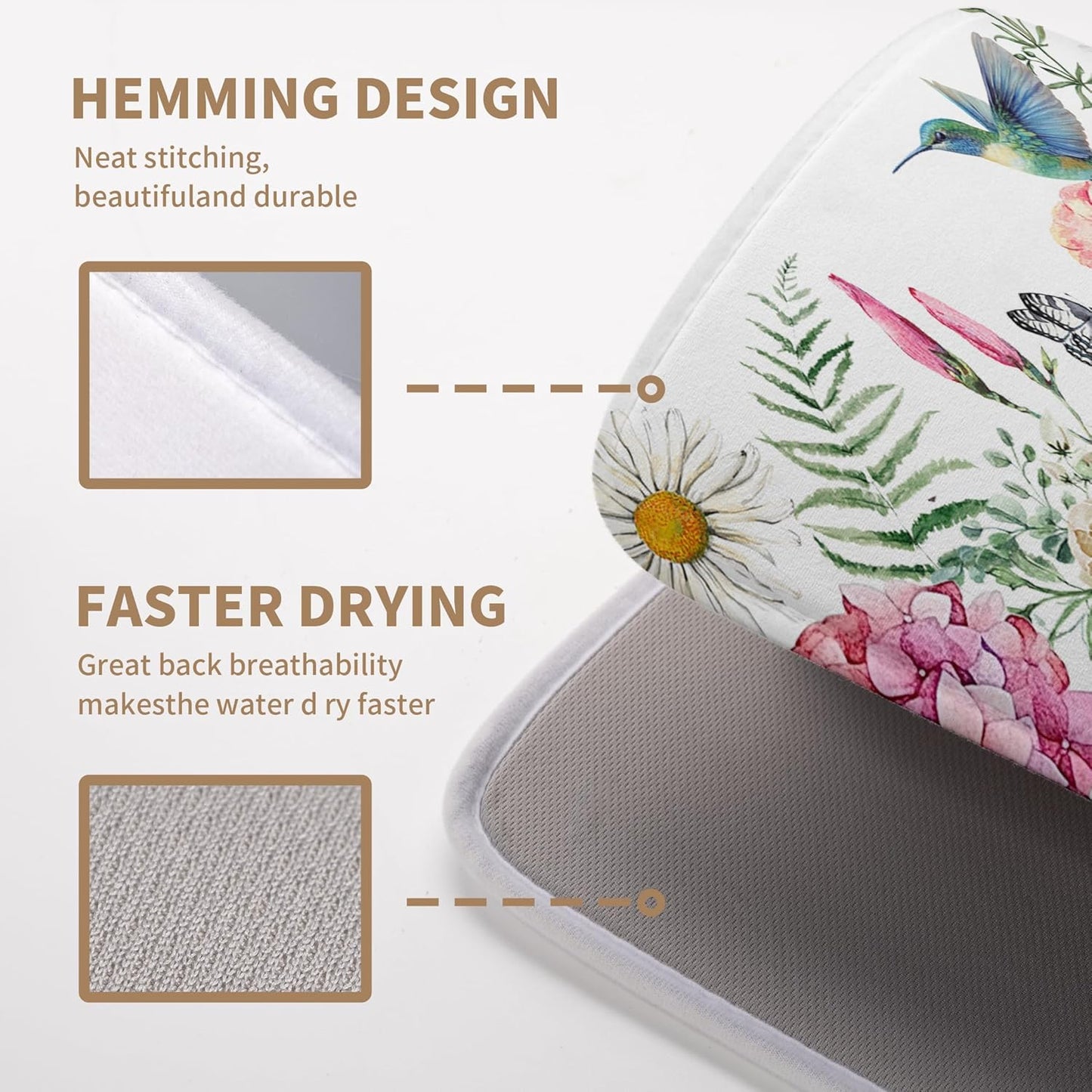 Spring Floral Birds Dish Drying Mat Summer Butterfly Flowers Kitchen Dish Drying Pad Daisy Absorbent Dish Dryer Mat for Kitchen Countertops Microfiber Dishes Drainer Pad (18x24 in)