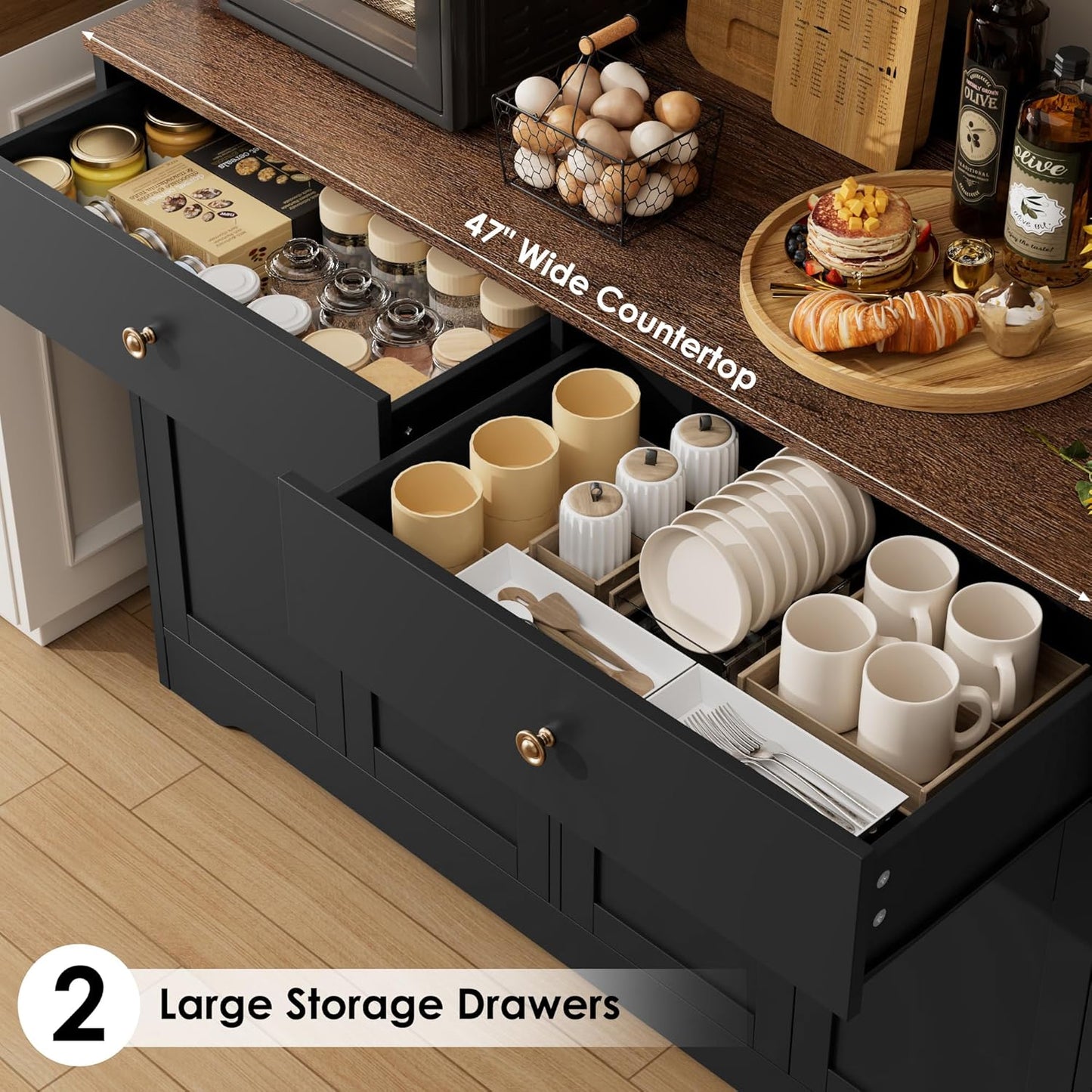 HIFIT 71" LED Kitchen Pantry Cabinet with Power Outlet, Large Kitchen Hutch Storage Cabinet with Arched Door & Shelves & 2 Drawers, Tall Farmhouse Coffee Bar w/Hutch for Home Dining Living Room, Black