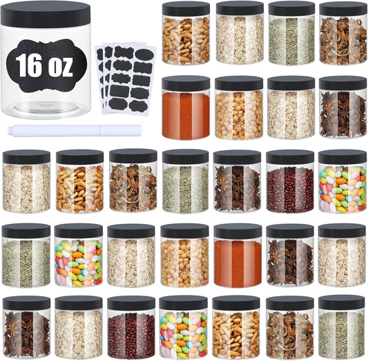 Plastic Jars with Lids,Airtight Container Ideal For Dry Food, Honey Jam, Peanut Butter,Cosmetics, Cream, Bathroom and Storage Included Extra Label and A Pen (30 PCS Black Lids)