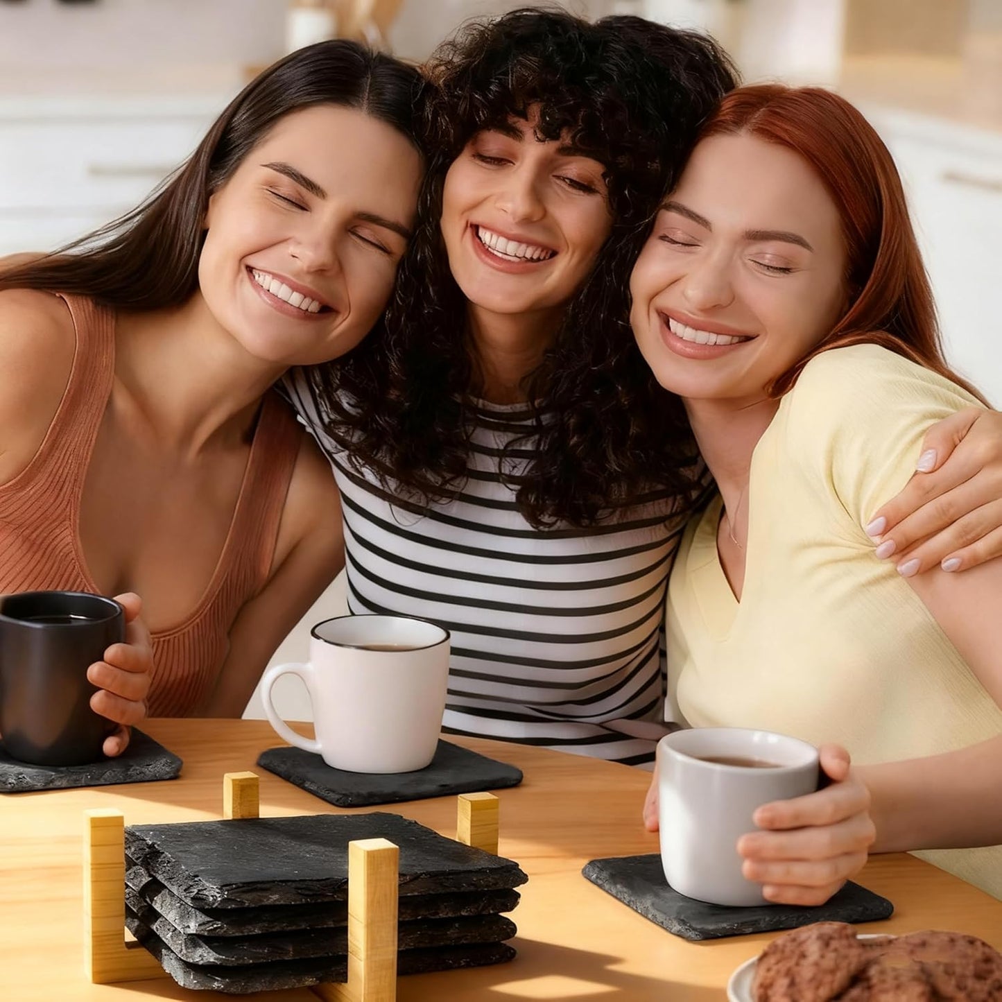 Black Natural Stone Coasters Set of 4, Sleek Minimalist Square Drink Coasters with Natural Edge, Durable Anti-Scratch Table Décor for Home, Kitchen, Bar & Office, Protects Wood & Glass Surfaces