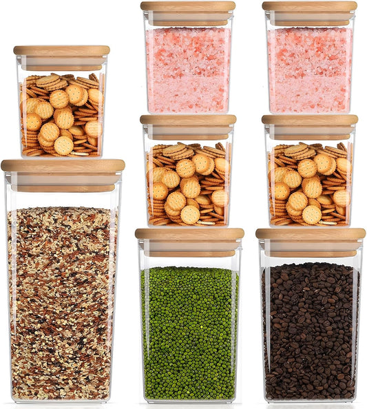 Square Storage Containers with Lids, Clear Food Storage Container Jar with Sealing Bamboo Lid for Noodles Flour Cereal Rice Sugar Tea Coffee Beans