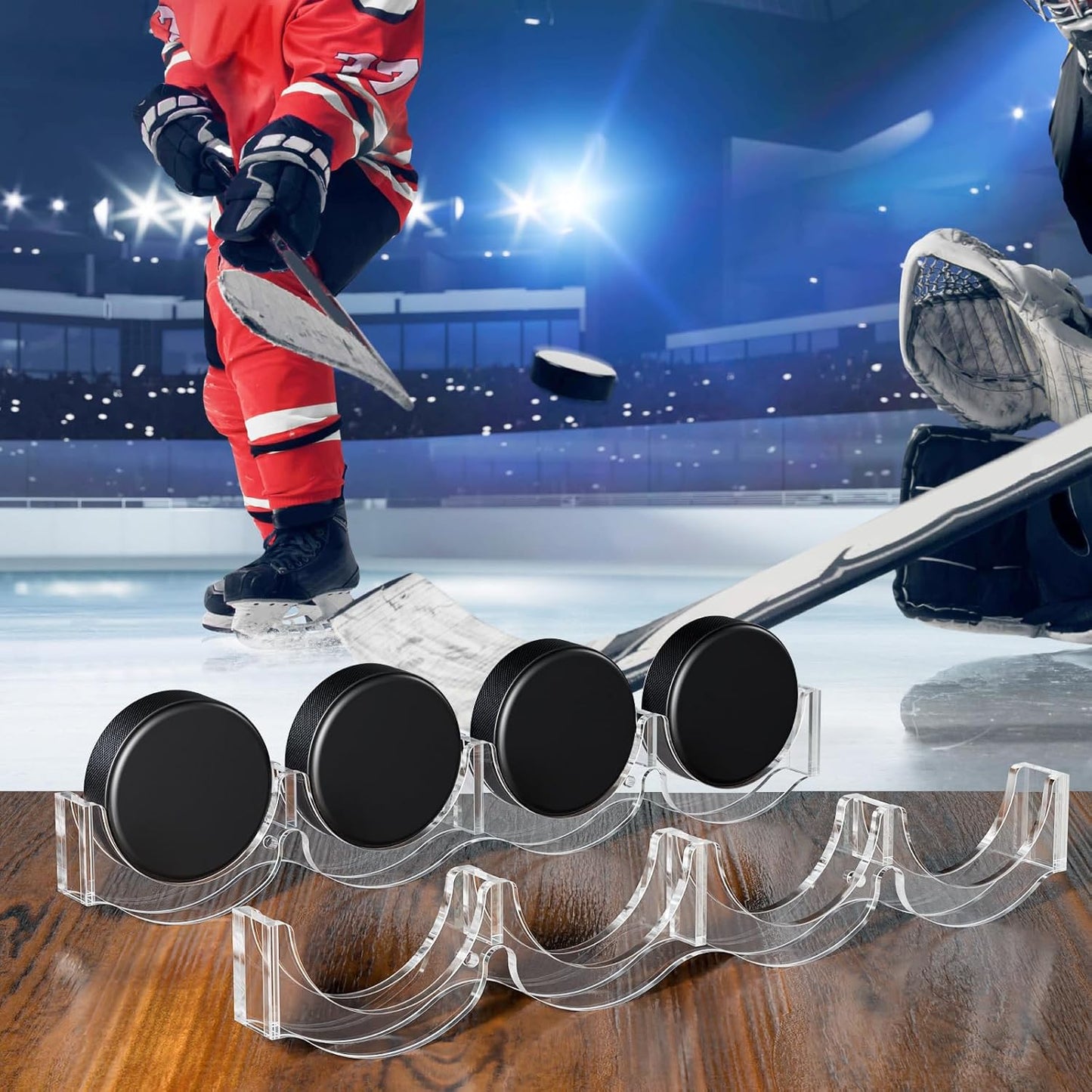 Cosmos 2 Pcs Hockey Puck Display Case Acrylic Hockey Puck Holder for 4 Pucks, Wall Mount Ice Hockey Puck Display Shelf Storage Rack for Collecting Pucks and Room Decoration, 14.6 x 2.2 x 1 in (Clear)