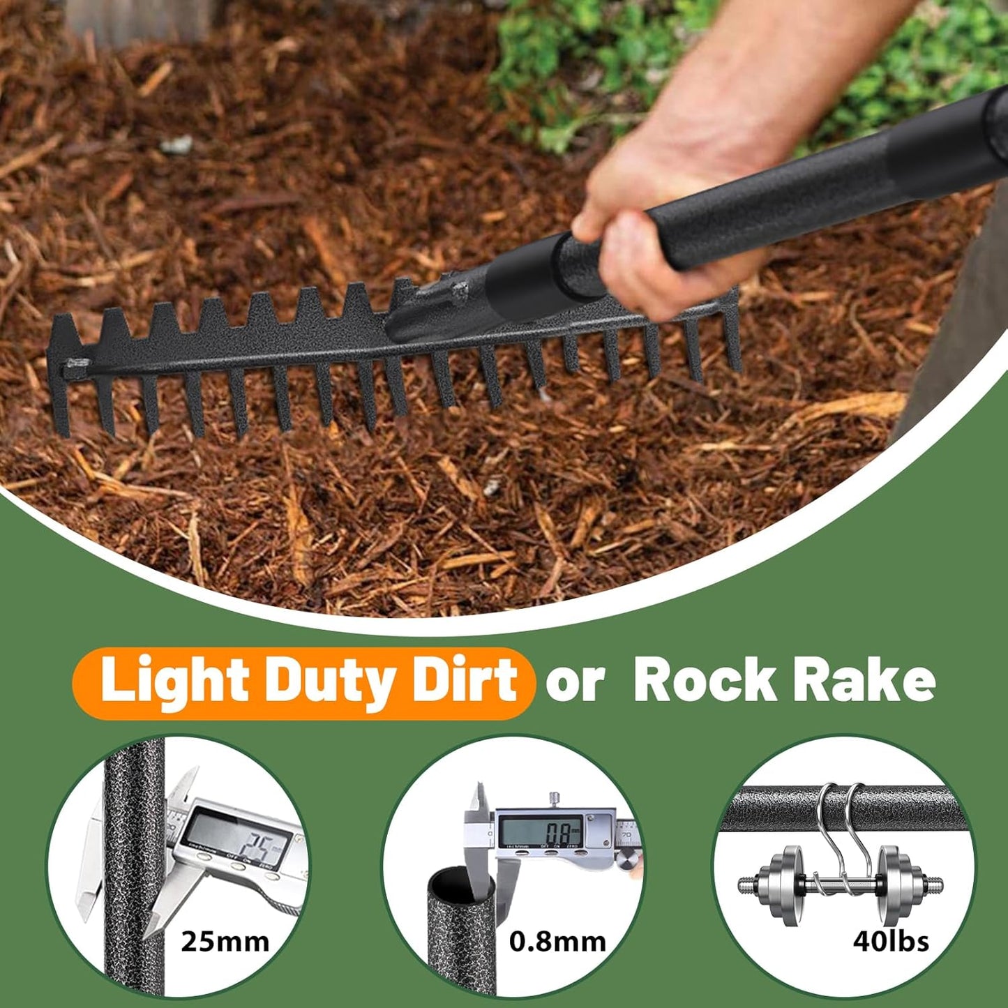Garden Rake, 63 Inch Long Handle with 17 Tongs, Heavy Duty Metal Bow Rake for Loosening Leveling Soil, Garden Leaf Rake for Raking Leaves Grass , Weeding, Metal Yard Thatch Lawn Care Garden Tool