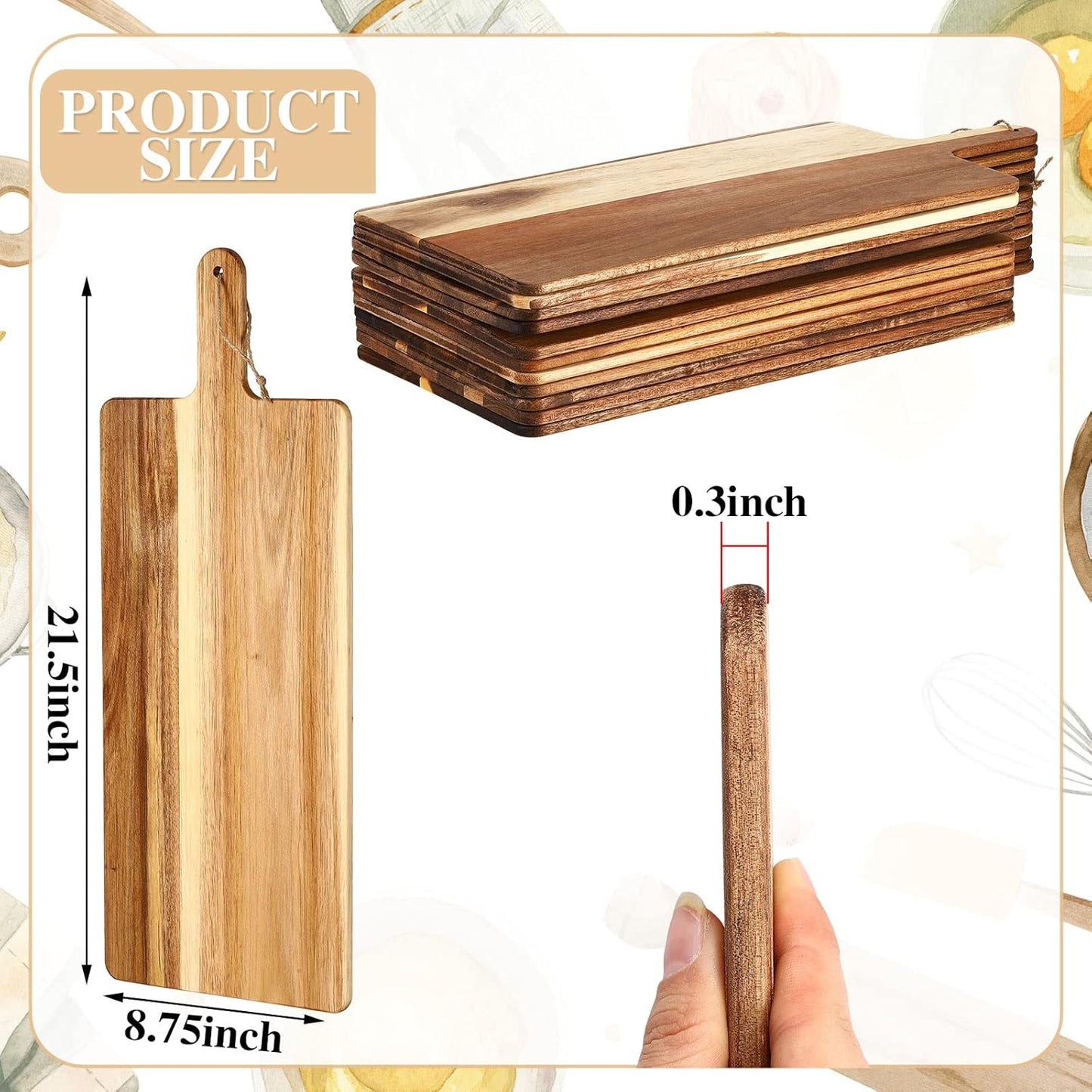 Patelai 12 Packs Wooden Cutting Board Set with Handles Large Kitchen Serving Plain Chopping Board Bulk Gifts for Mom for Vegetables Meat Pizza Cheese Fruit Bread(Acacia Wood,21.5 x 8.75 Inch)