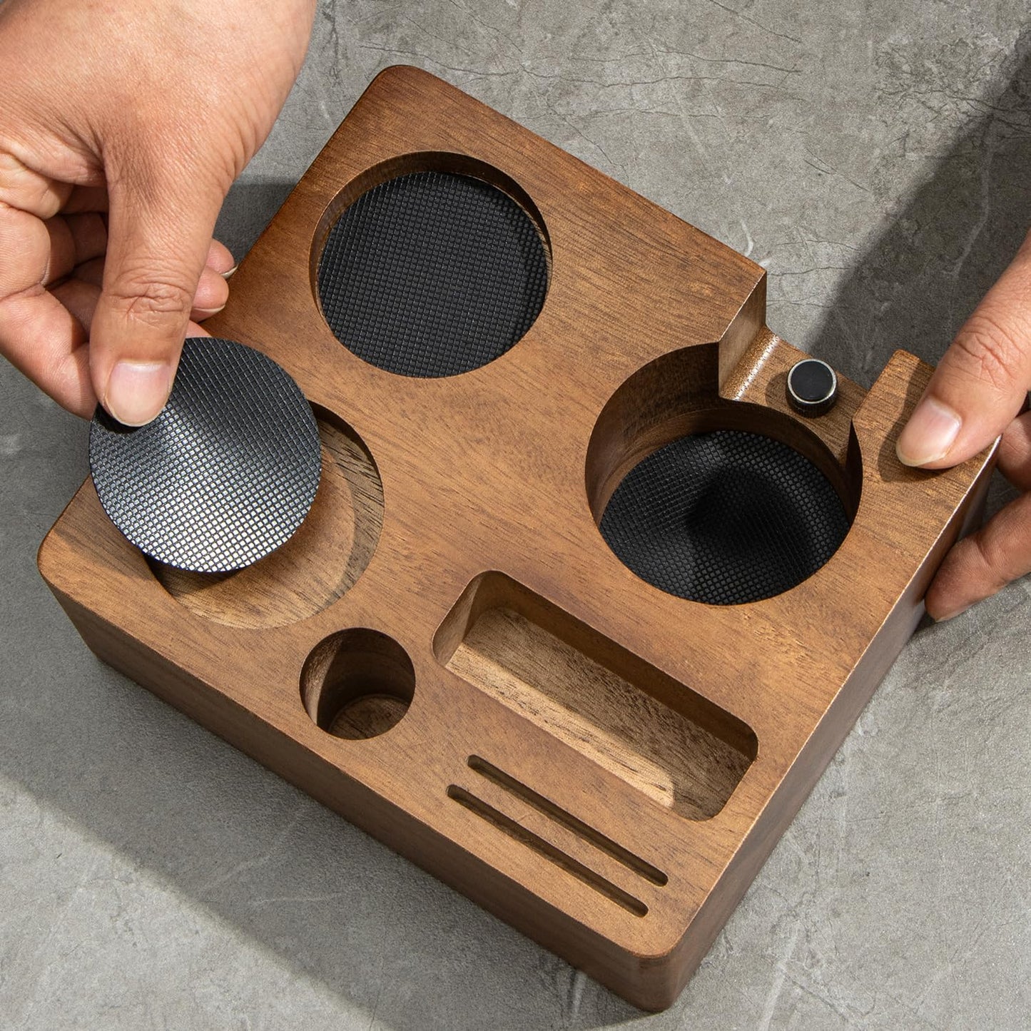 Espresso Tamping Station 54mm, Walnut Portafilter Holder, Espresso Organizer Station, Espresso Machine Accessories, Distributor Slot and Multi Accessory Storage