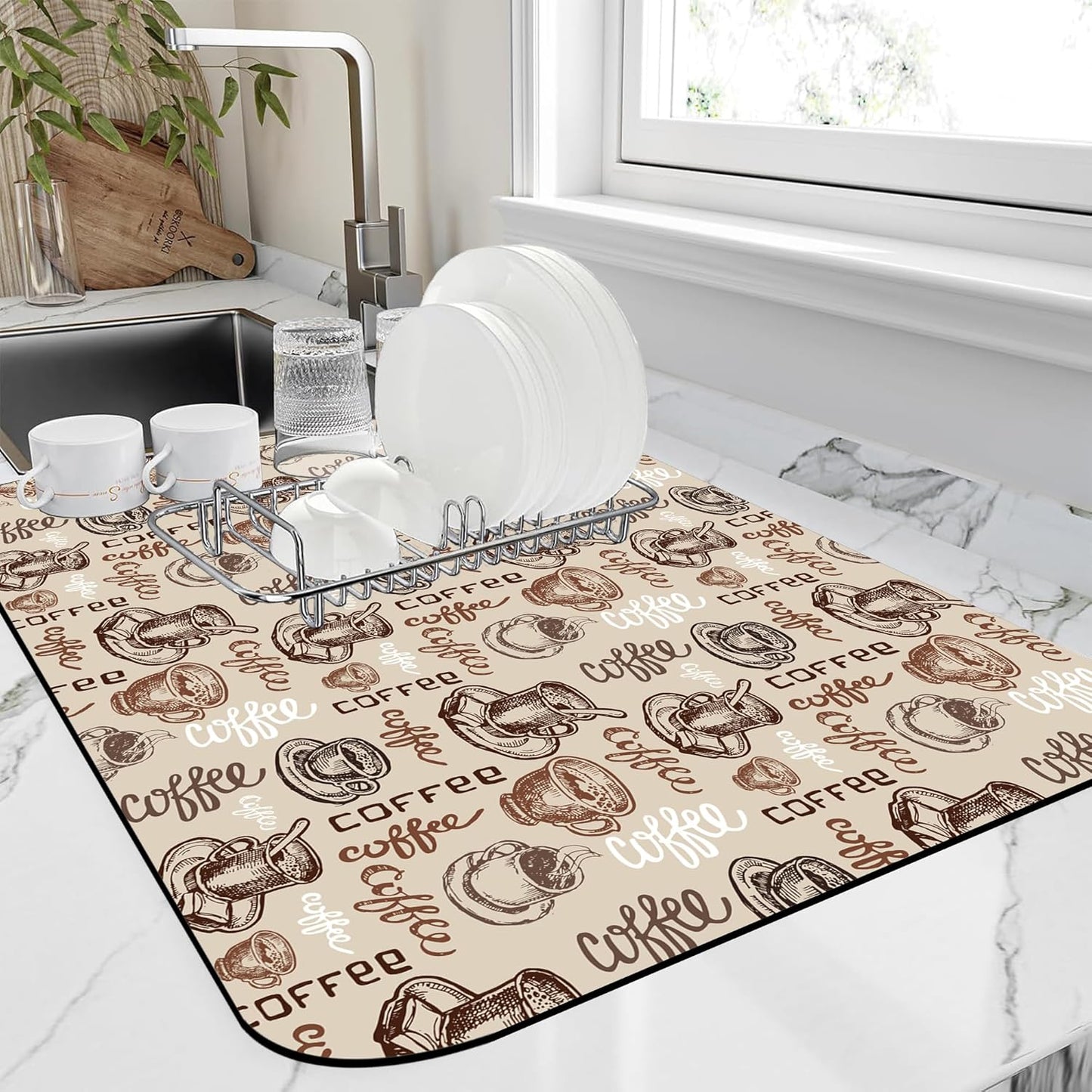 Doodle Coffee Cup Dish Drying Mat,12"X19" Absorbent Fast Dish Drying Mat for Kitchen Counter Pot and Pan, Kitchen Accessories