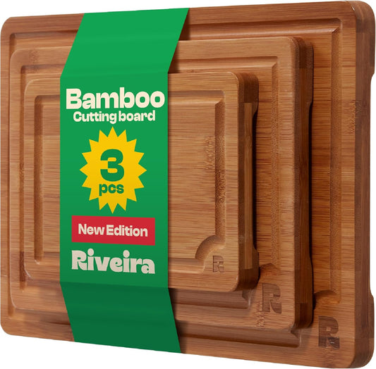Riveira Brown Bamboo Wood Cutting Board – Versatile And Durable: Set Of 3 Pcs Rectangular Wooden Cutting Board – Natural Wooden Cutting Boards For Kitchen Set – Complete Bamboo Wooden Chopping Board