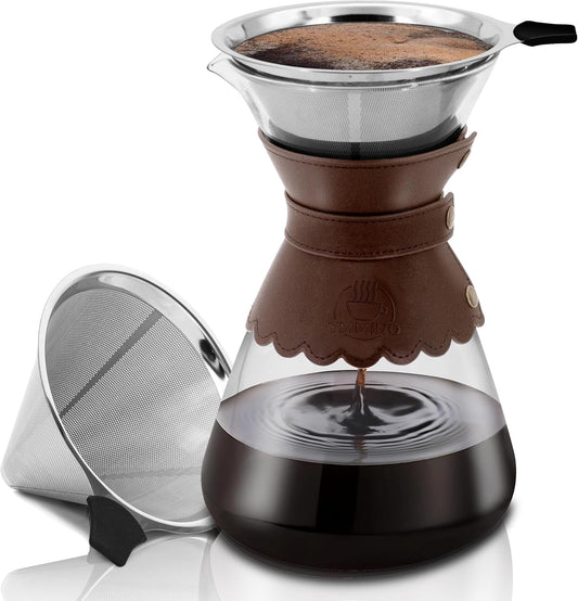 34oz Pour Over Coffee Maker with Double Layer Stainless Steel Filter, Borosilicate Glass Dripper, Detachable Heat-Resistant Leather Pad 7-8 Cups Coffee Maker Carafe（Dark brown）