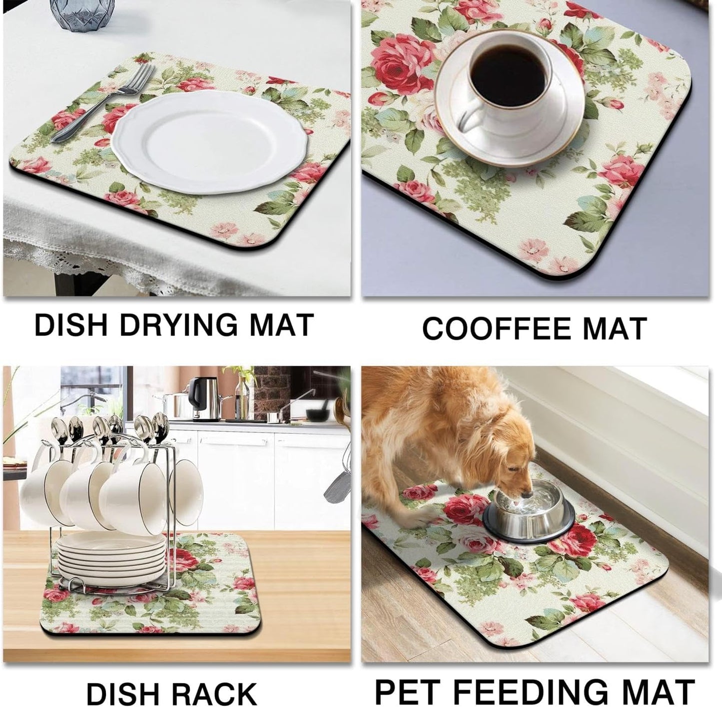 Dish Drying Mat for Kitchen Counter 16x18in Red Roses Floral Washable Quick Dish Drying Pad Rubber Backed Absorbent Draining Mat