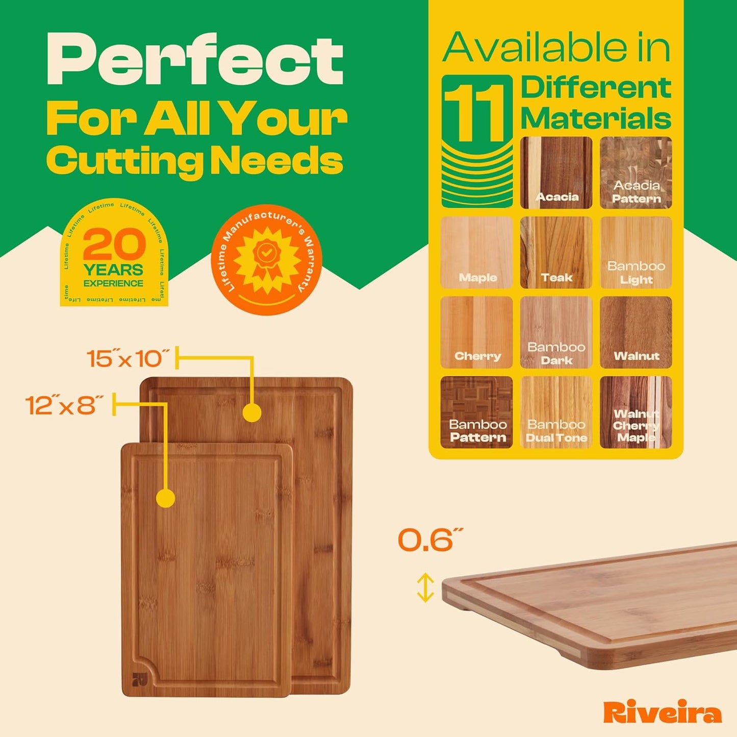 Riveira Brown Bamboo Wood Cutting Board – Versatile And Durable: Set Of 2 Pcs Rectangular Wooden Cutting Board – Natural Wooden Cutting Boards For Kitchen Set – Complete Bamboo Wooden Chopping Board