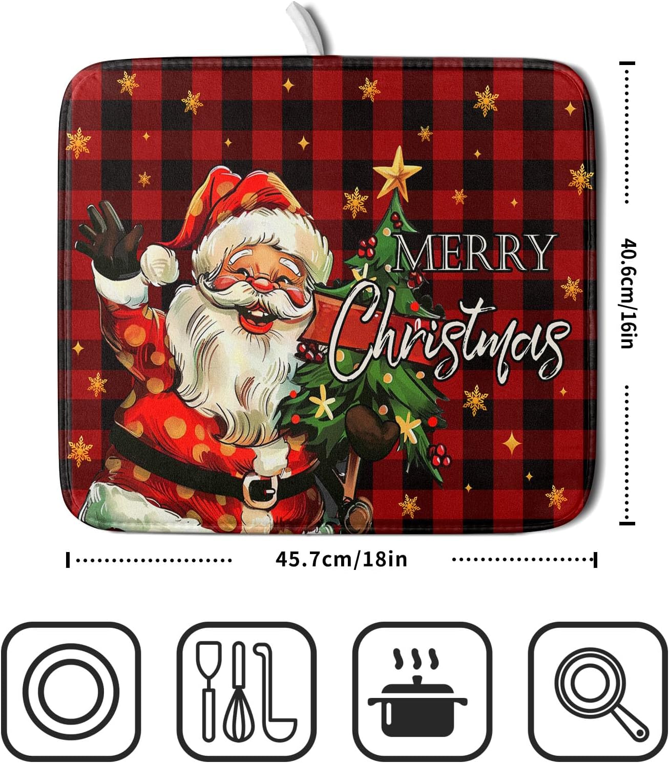 Merry Christmas Santa Claus Red Buffalo Plaid Dish Drying Mat for Kitchen Counter,Winter Snowflake Xmas Tree Drying Mat 16 x 18 Inch with Absorbent Reversible Microfiber Dish Drying Pad for Coffee Bar