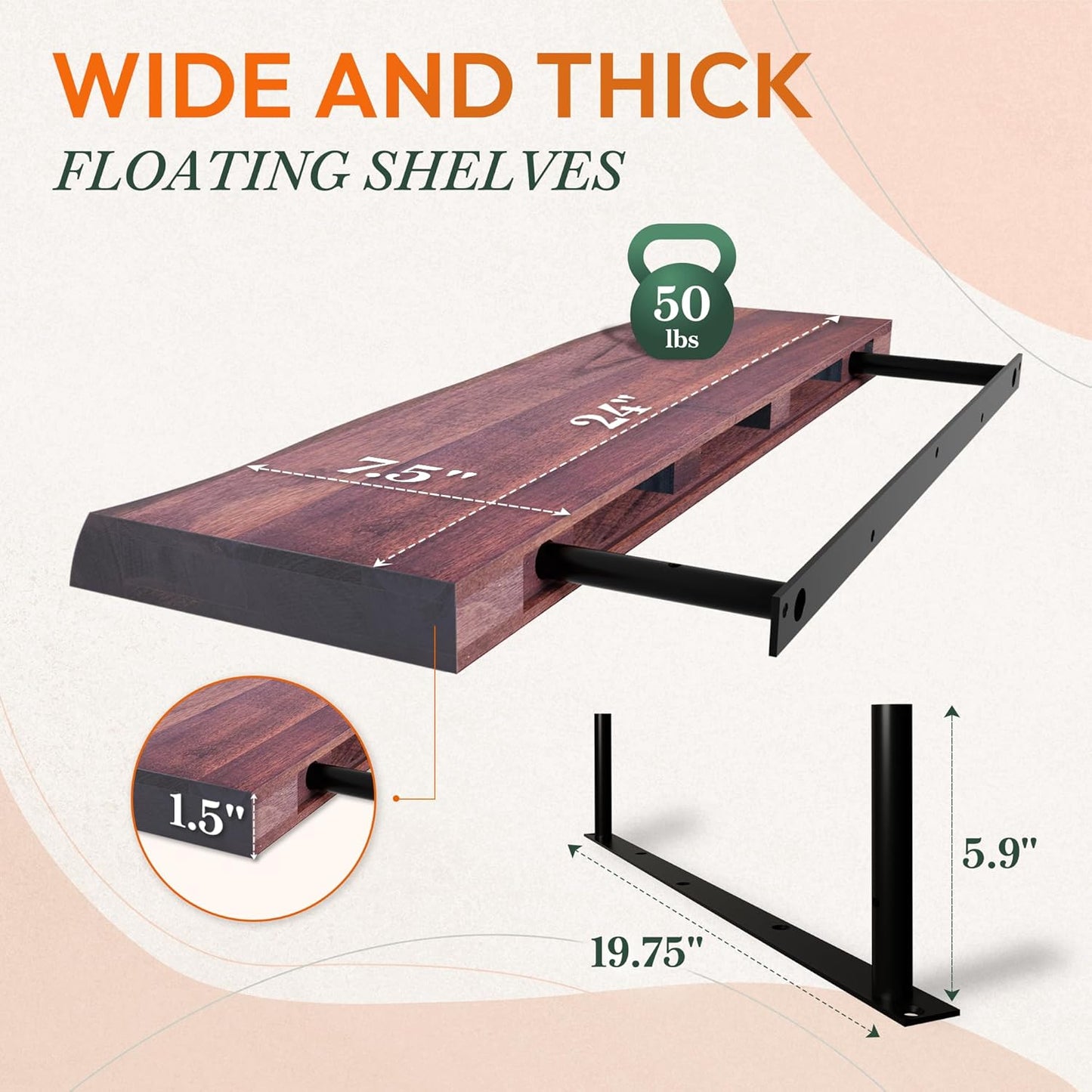 24" Acacia Live Edge Floating Shelves Set of 2 - Wall Mounted Wooden Shelf for Stylish Home Décor - Cherry Color 24x7.5x1.5 Inches