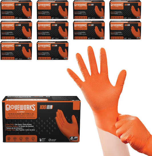 GLOVEWORKS Heavy-Duty Nitrile Gloves, Disposable, Latex Free, 8 Mil, Orange, Diamond Grip Glove