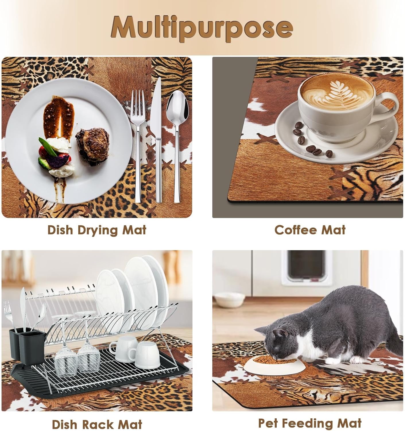 Arttown Coffee Mat for Countertops, Cow Tiger Leopard Patchwork Tribal Art Dish Drying Mat 2 Pcs for Kitchen Bar Accessories, Coffee Maker Espresso Machine Dish Rack Hide Stain Rubber 12x19in