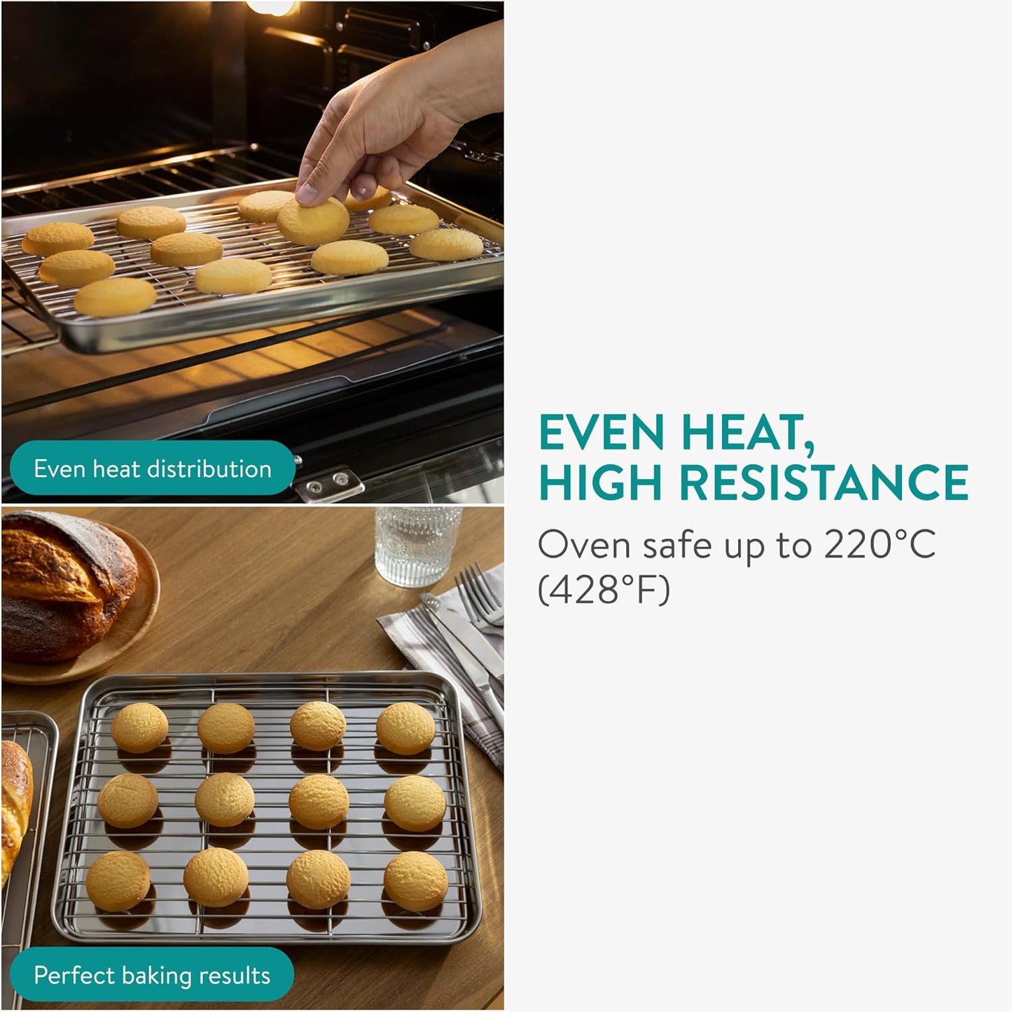 Navaris Quarter Sheet Baking Pan Breading Trays w Racks - Stainless Steel Baking Sheet with Wire Rack Insert for Oven Cooking - Cookie Bacon Tray - Set of 4 12.2X 9.4” (31x24cm)