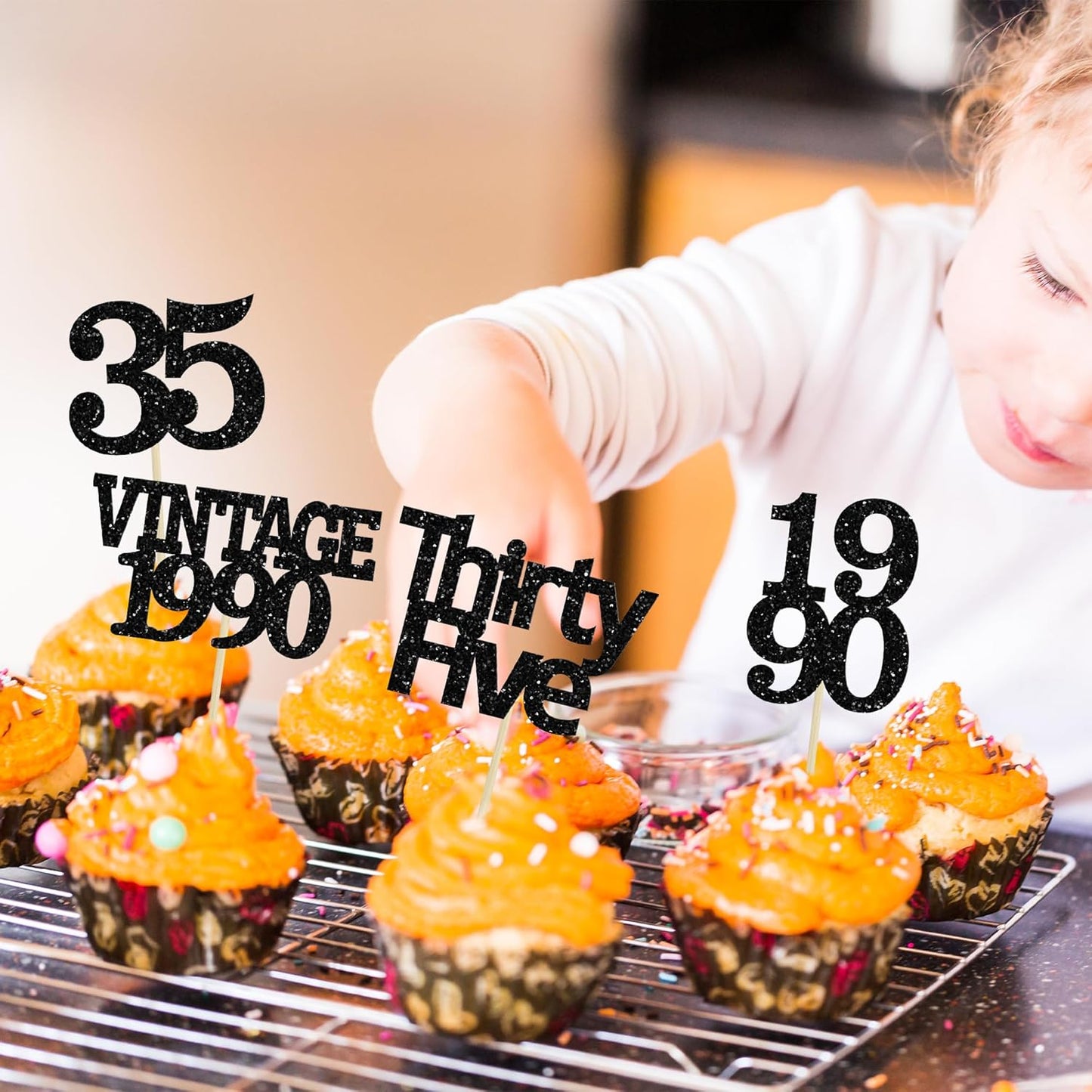 Gyufise 24Pcs Vintage 1990 Cupcake Toppers Glitter Cheers to 35 Fabulous Thirty Five Cupcake Picks 35th Birthday Wedding Anniversary Party Cake Decorations Supplies Black