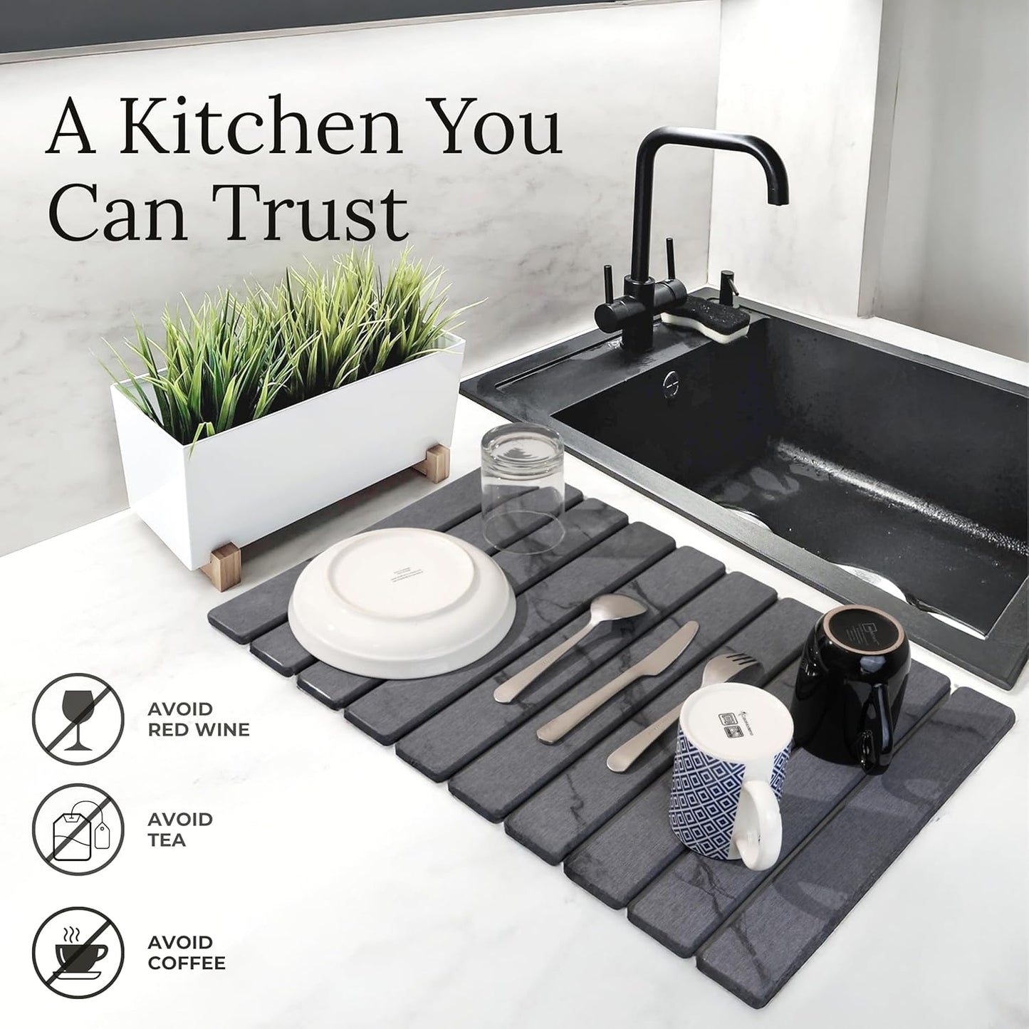 Large Stone Dish Drying Mat for Kitchen Counter 23.5”x 15.25” – Elegant Marbled-Inspired Surface Quick-Dry Absorbent Diatomaceous Earth - Multi-Use & Kitchen Mat for Dishes & Bottle Cups (Dark Gray)