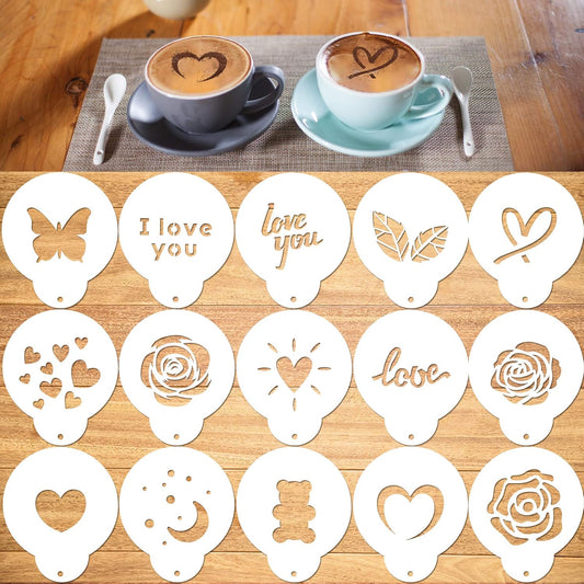 Konsait Coffee Stencil, 15 Pieces Latte Art Stencils for Coffee Decorations, Oatmeal Cupcake Cake Cappuccino Mousse Hot Chocolate Valentines Day